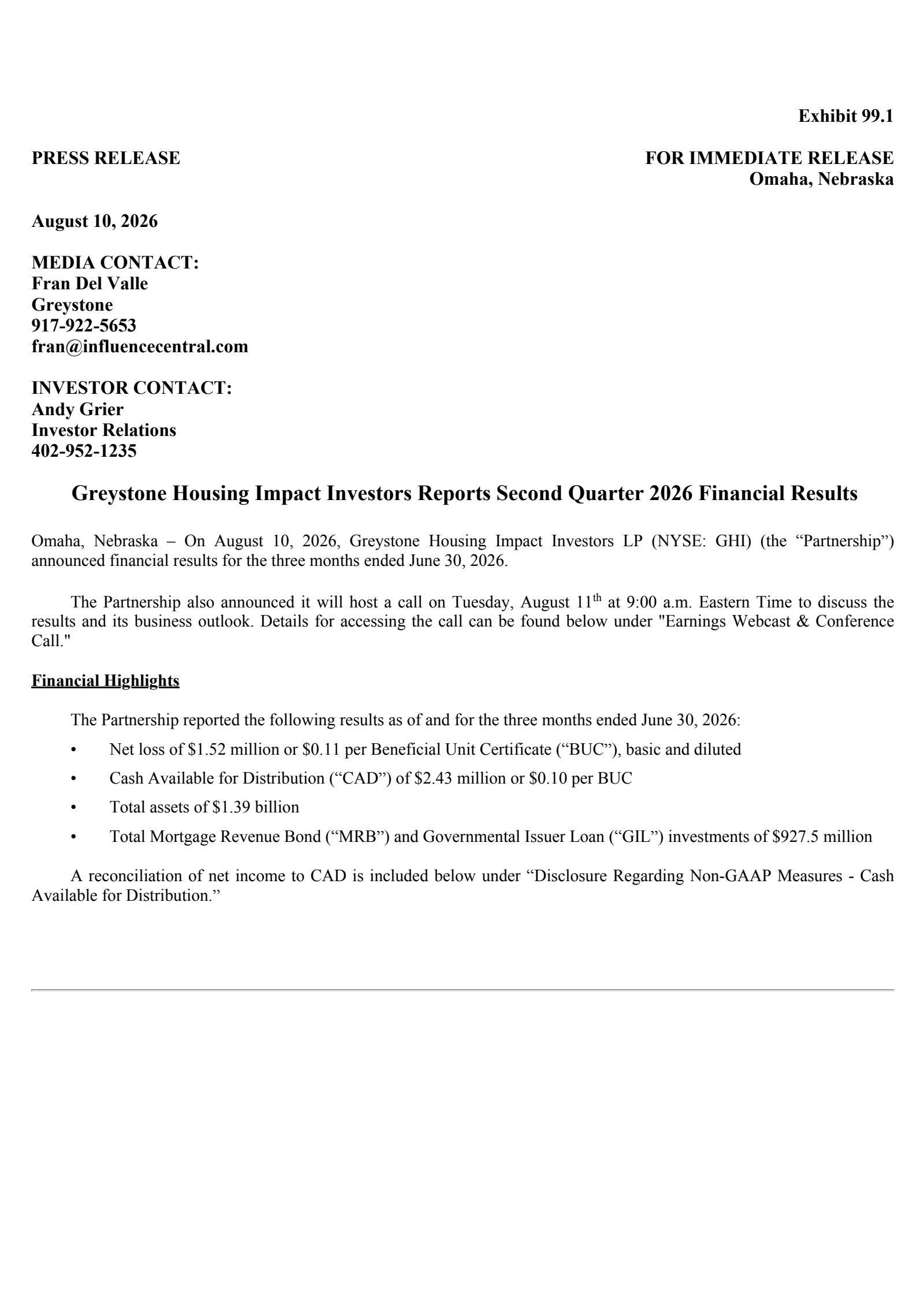 Greystone Housing Impact Investors' Q2 2026 Press Release