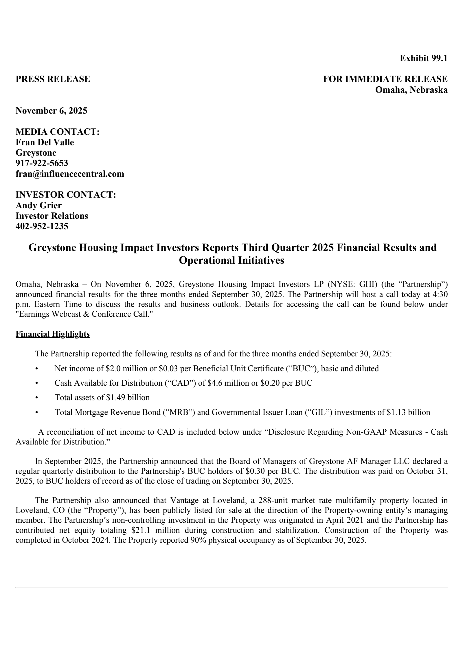 Greystone Housing Impact Investors' Q3 2025 Earnings Release