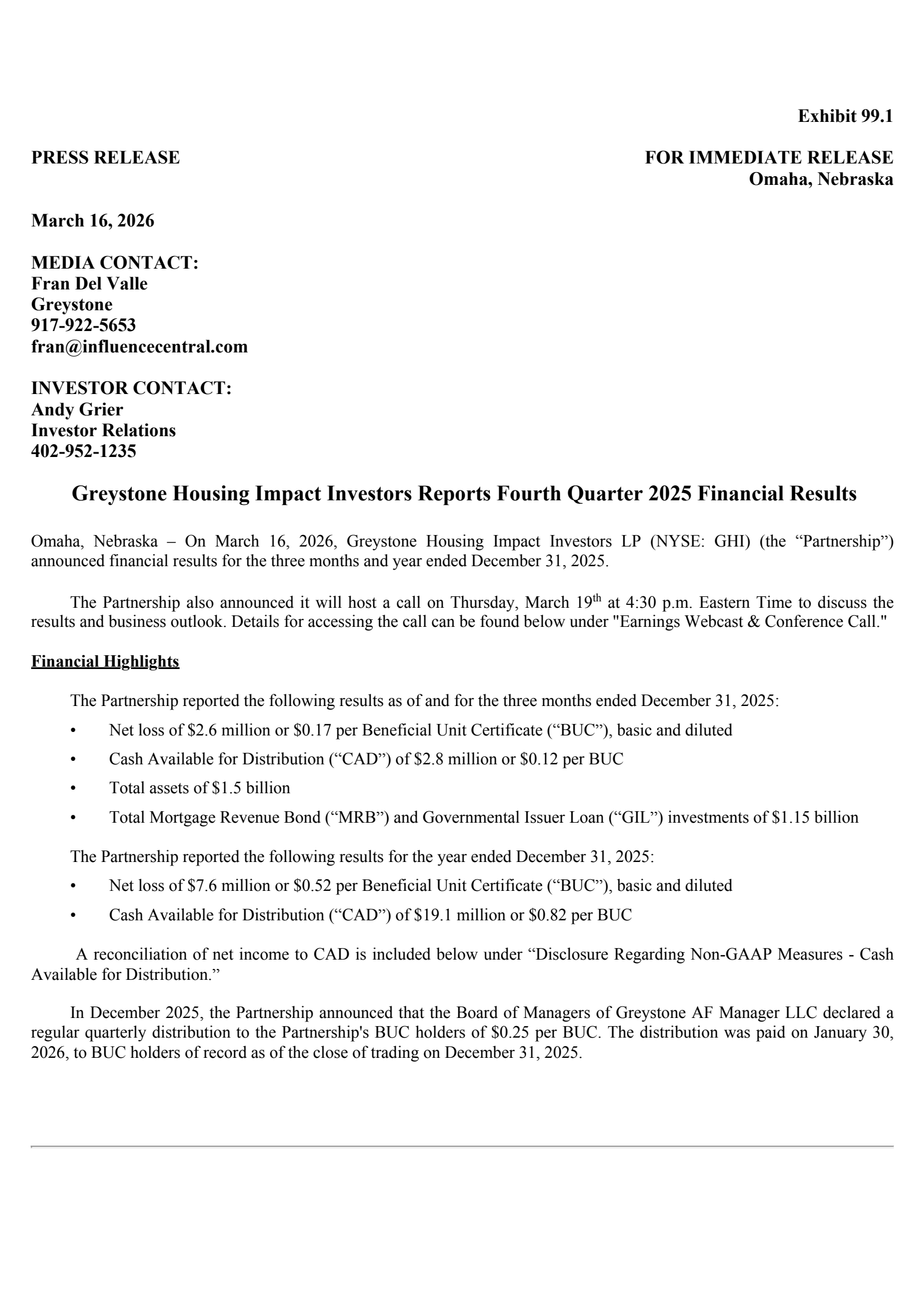 Greystone Housing Impact Investors' Q4 2025 Press Release