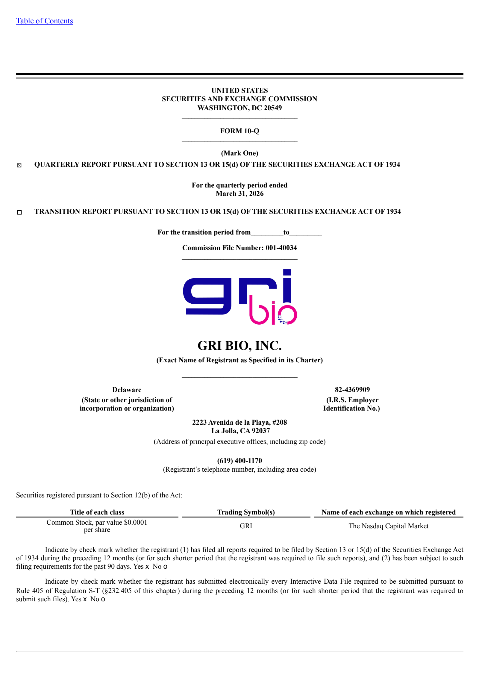 GRI Bio's Q1 2026 Quarterly report
