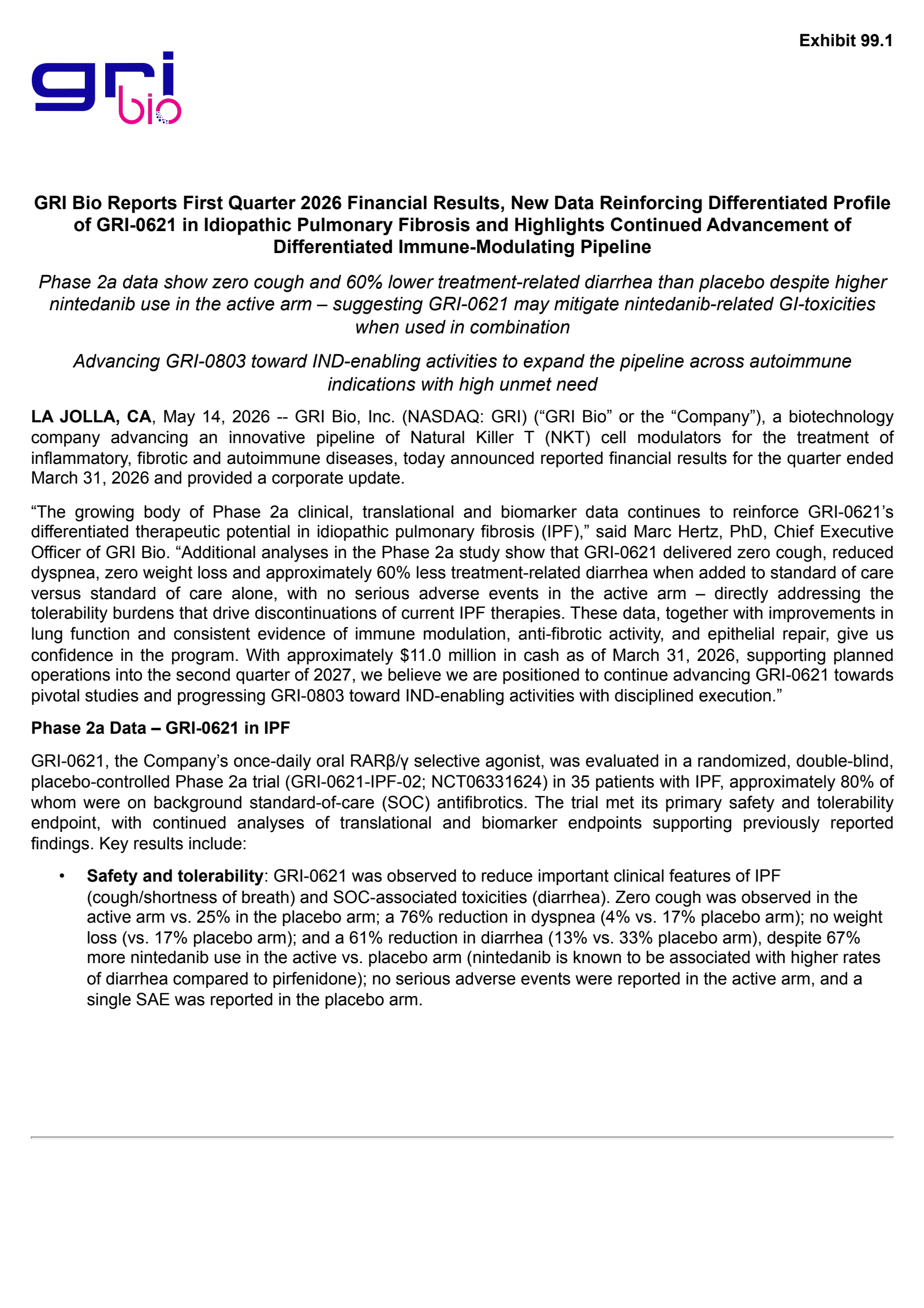 GRI Bio's Q1 2026 Press Release
