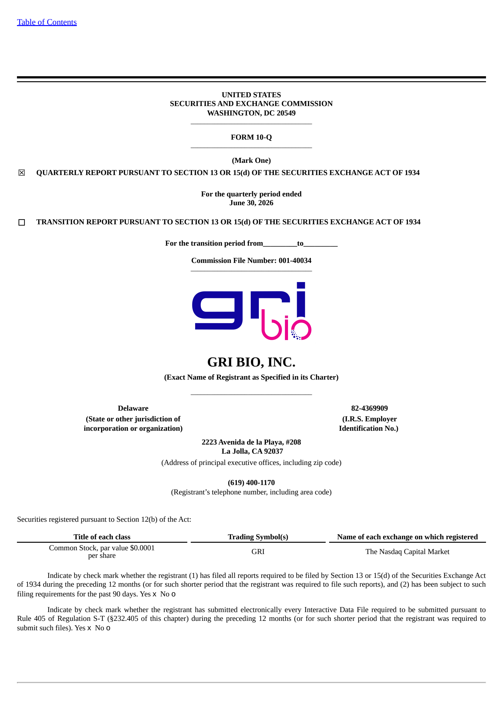 GRI Bio's Q2 2026 Quarterly report