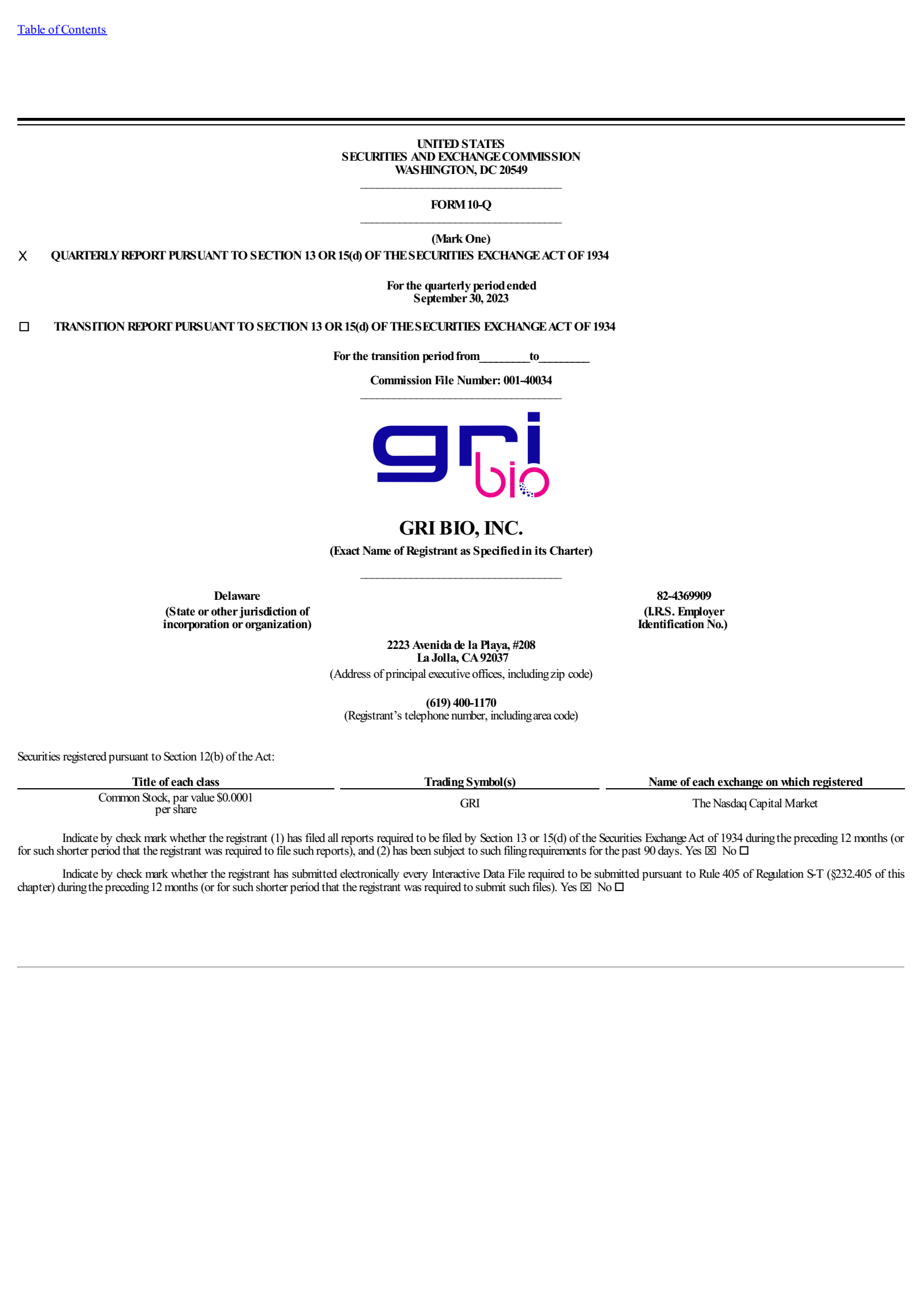GRI Bio's Q3 2023 Quarterly Report