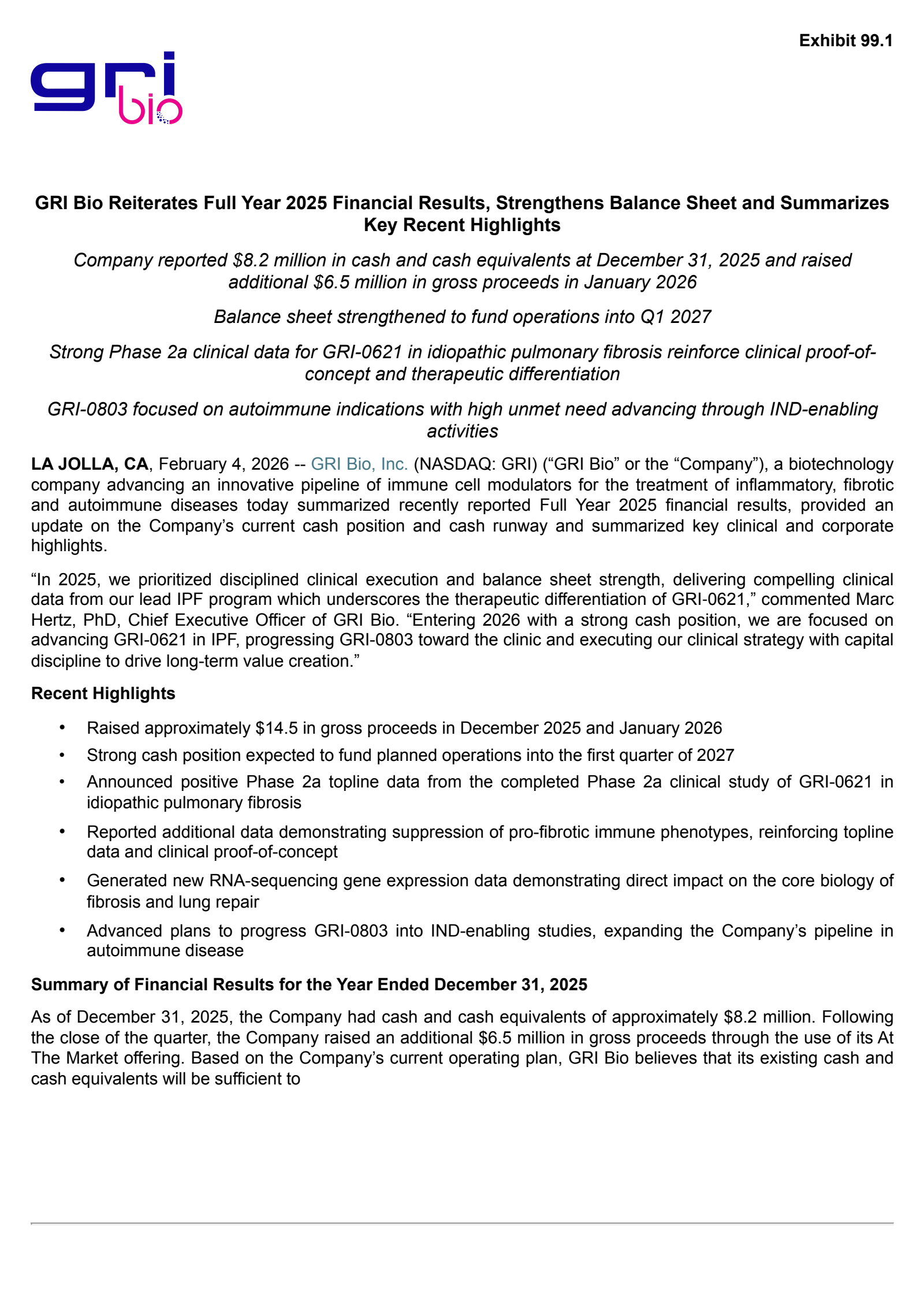 GRI Bio's Q4 2025 Press Release