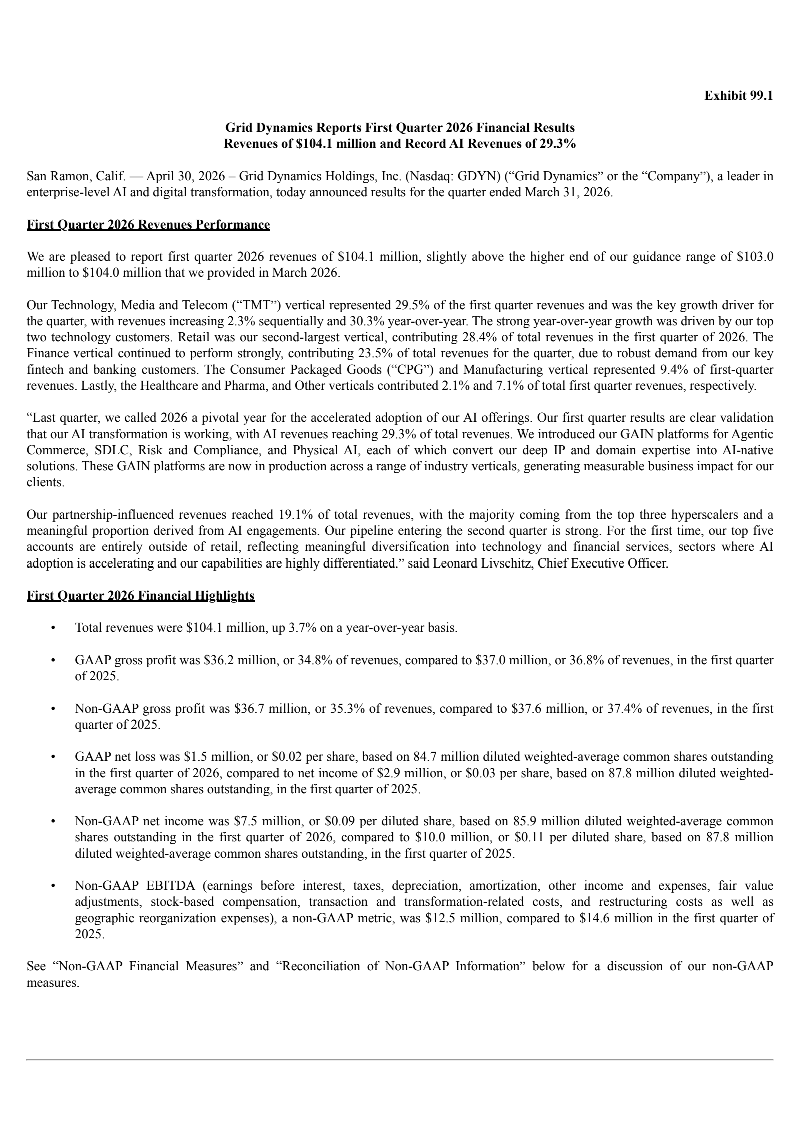 Grid Dynamics' Q1 2026 Press Release