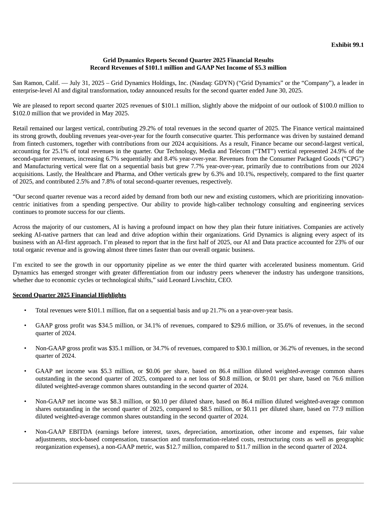 Grid Dynamics' Q2 2025 Press Release
