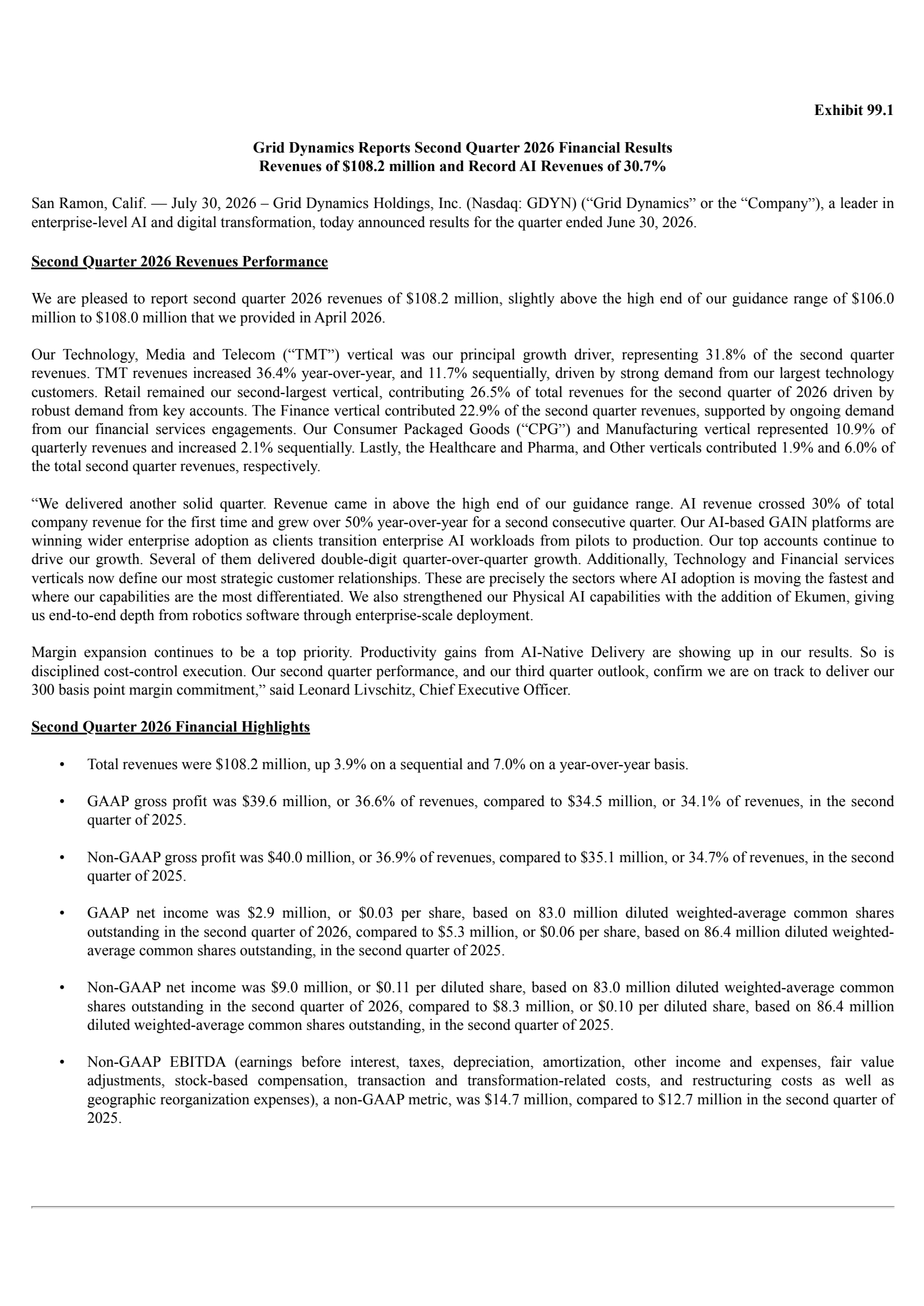 Grid Dynamics' Q2 2026 Press Release