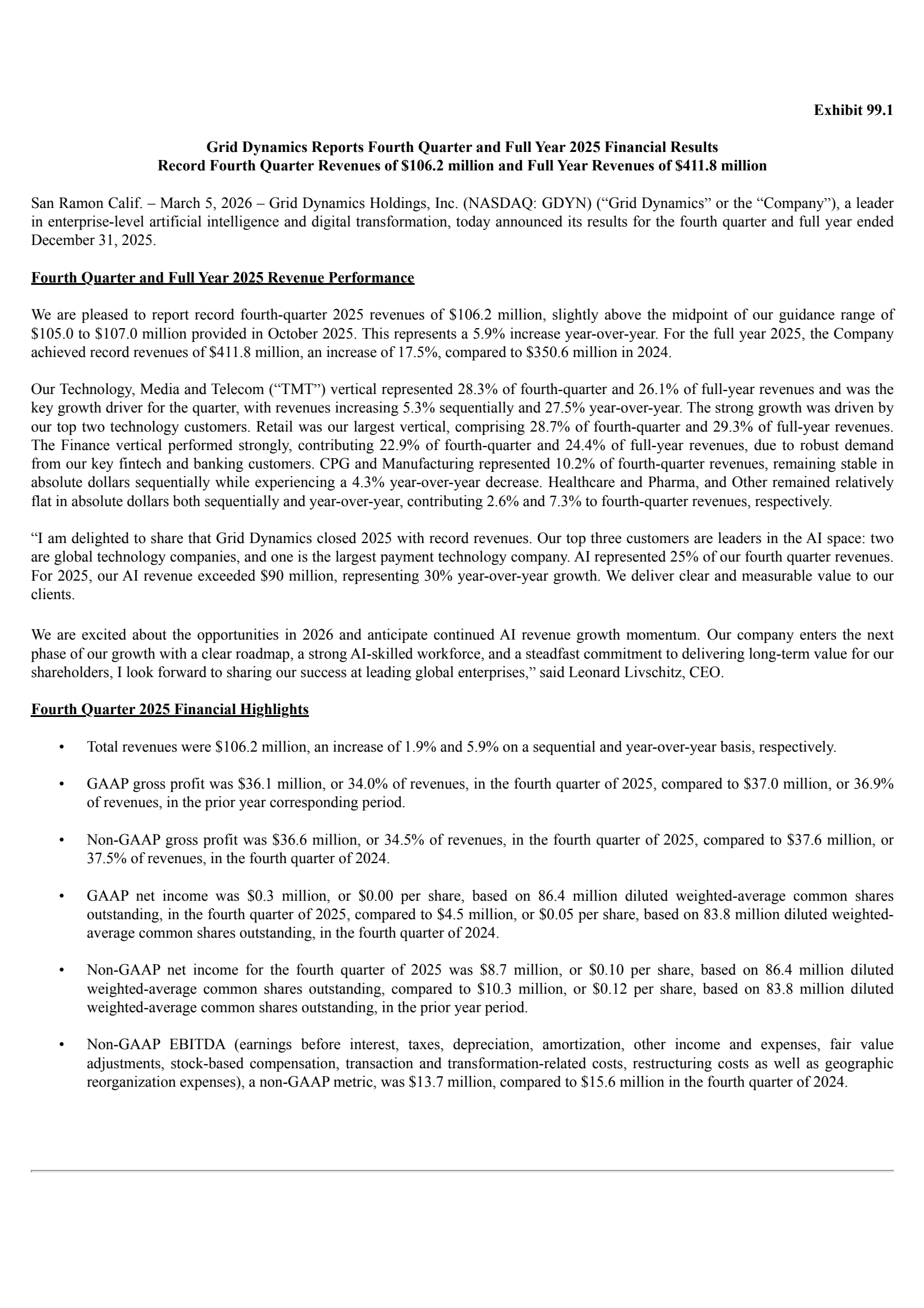 Grid Dynamics' Q4 2025 Press Release