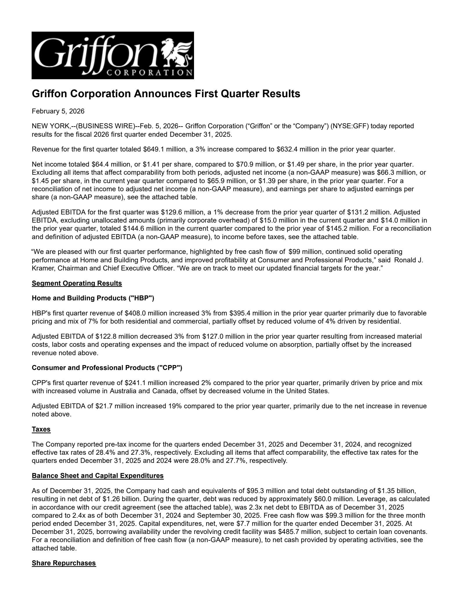 Griffon's Q1 2026 Press Release