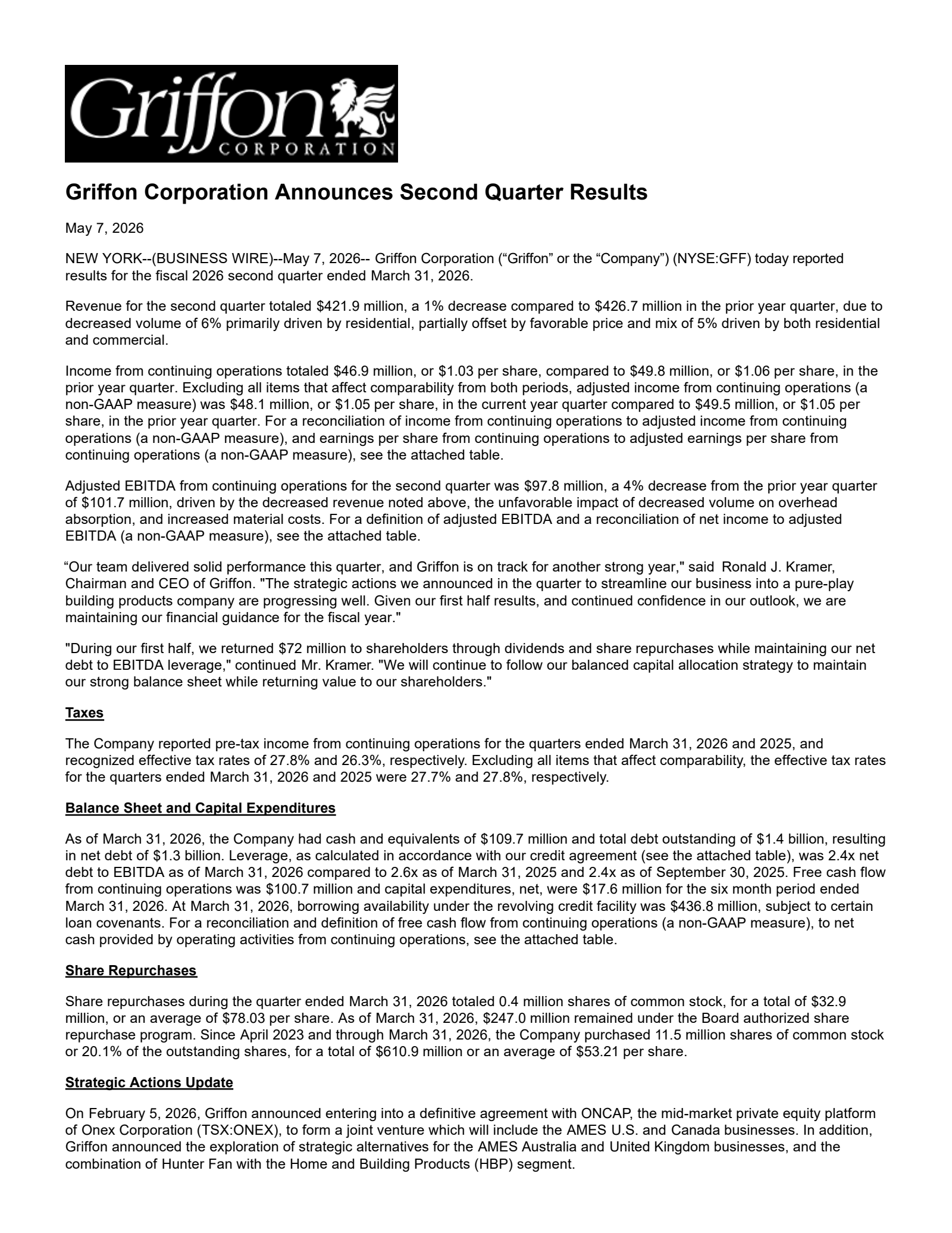 Griffon's Q2 2026 Press Release