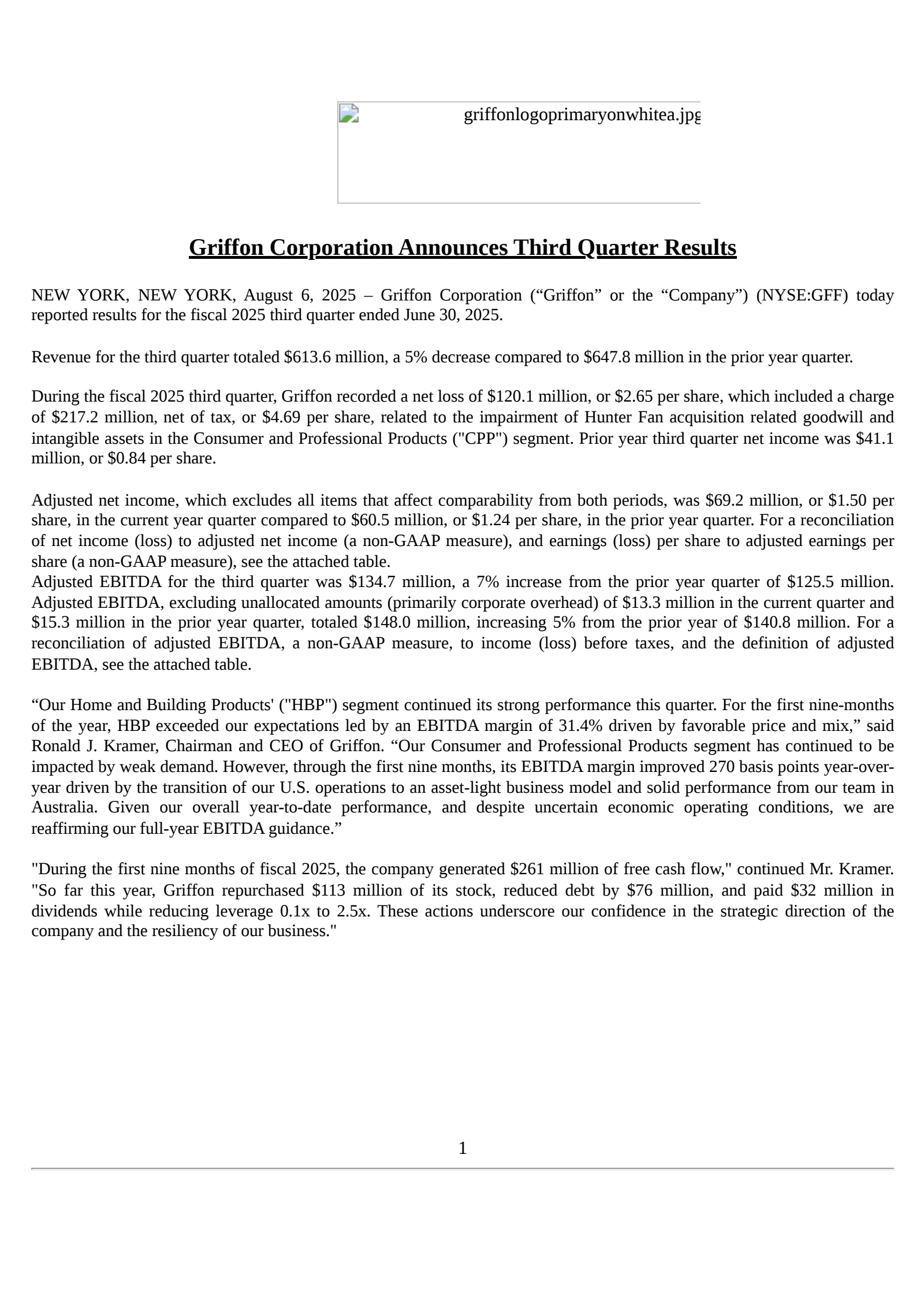 Griffon's Q3 2025 Press Release