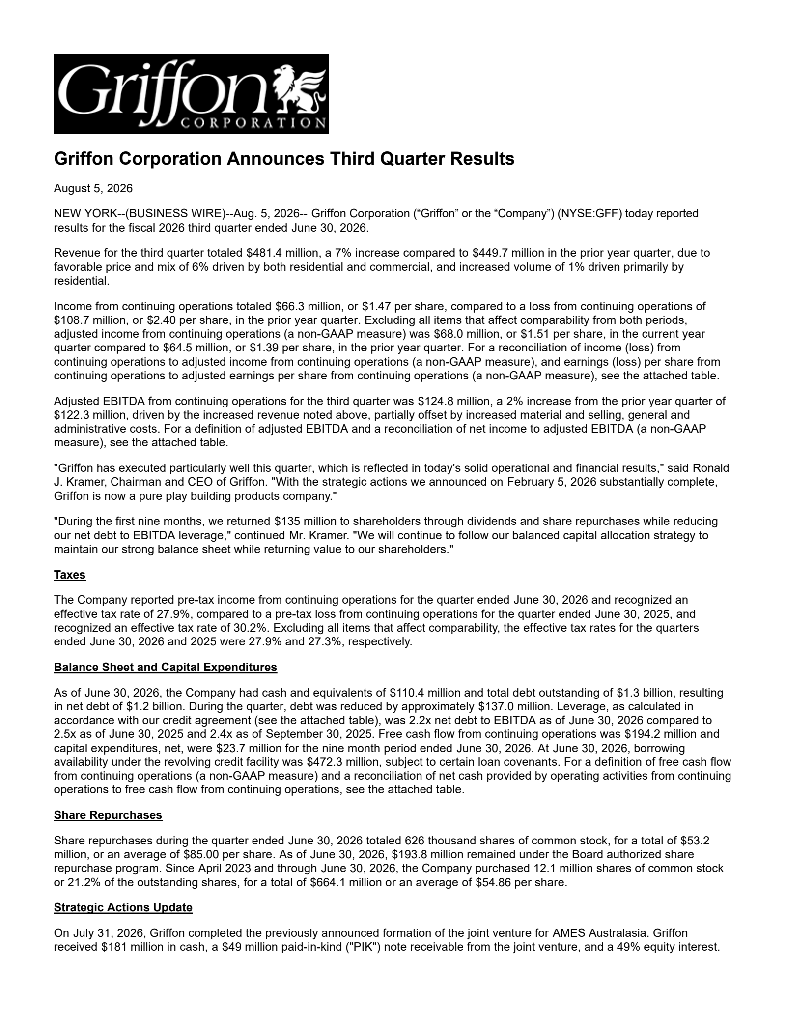 Griffon's Q3 2026 Press Release