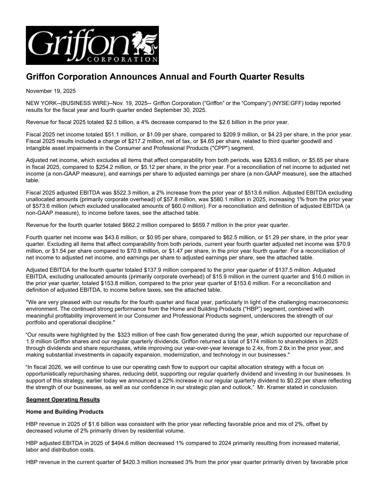 Griffon's Q4 2025 Earnings Release