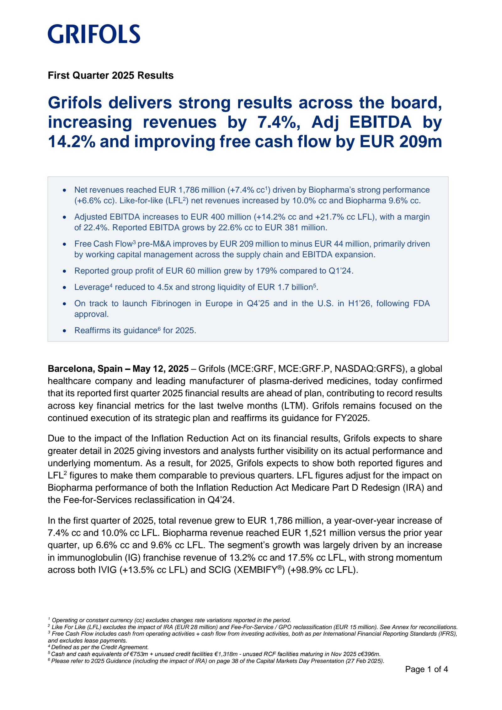 Grifols' Q1 2025 Interim report