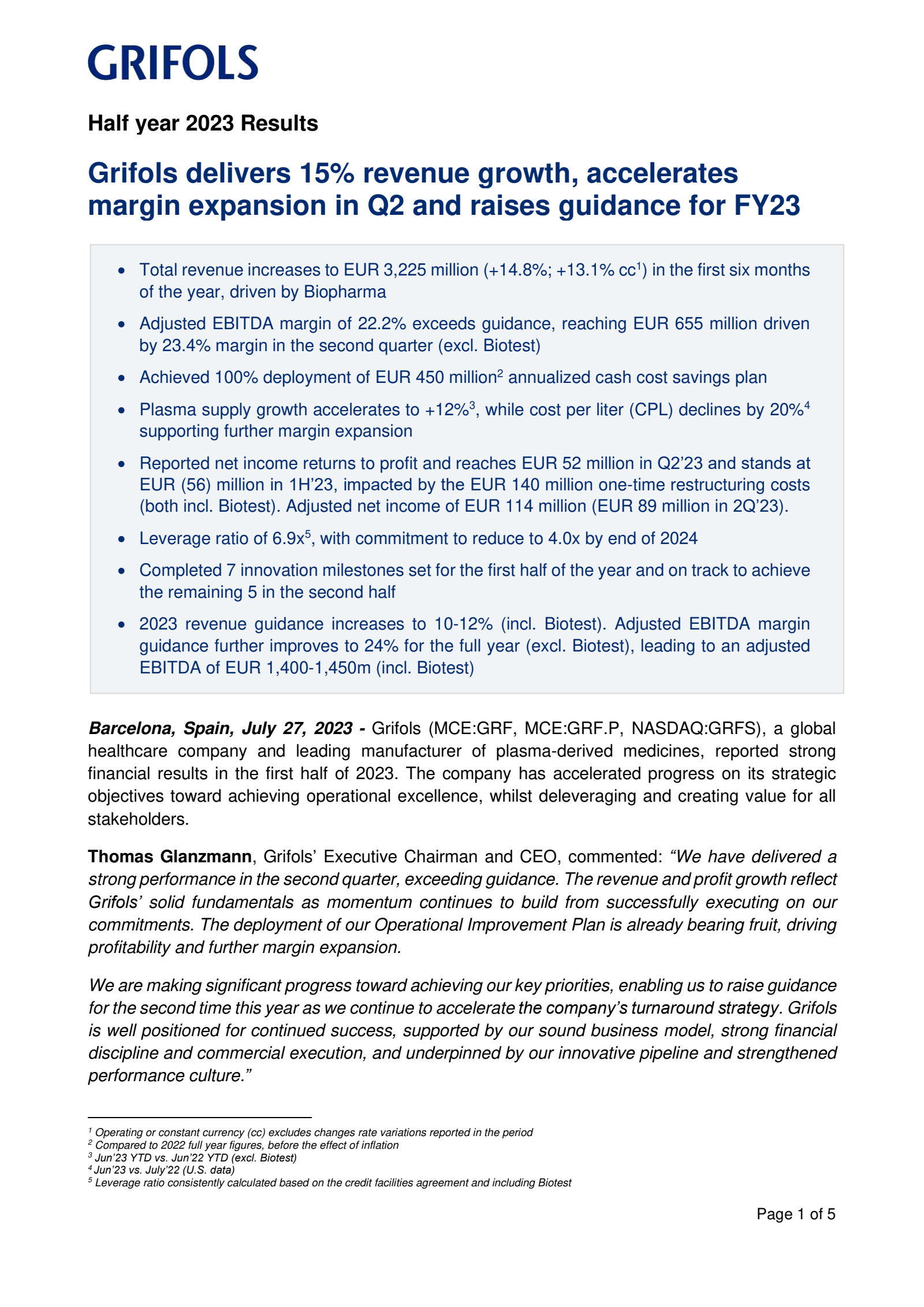 Grifols' Q2 2023 Press Release