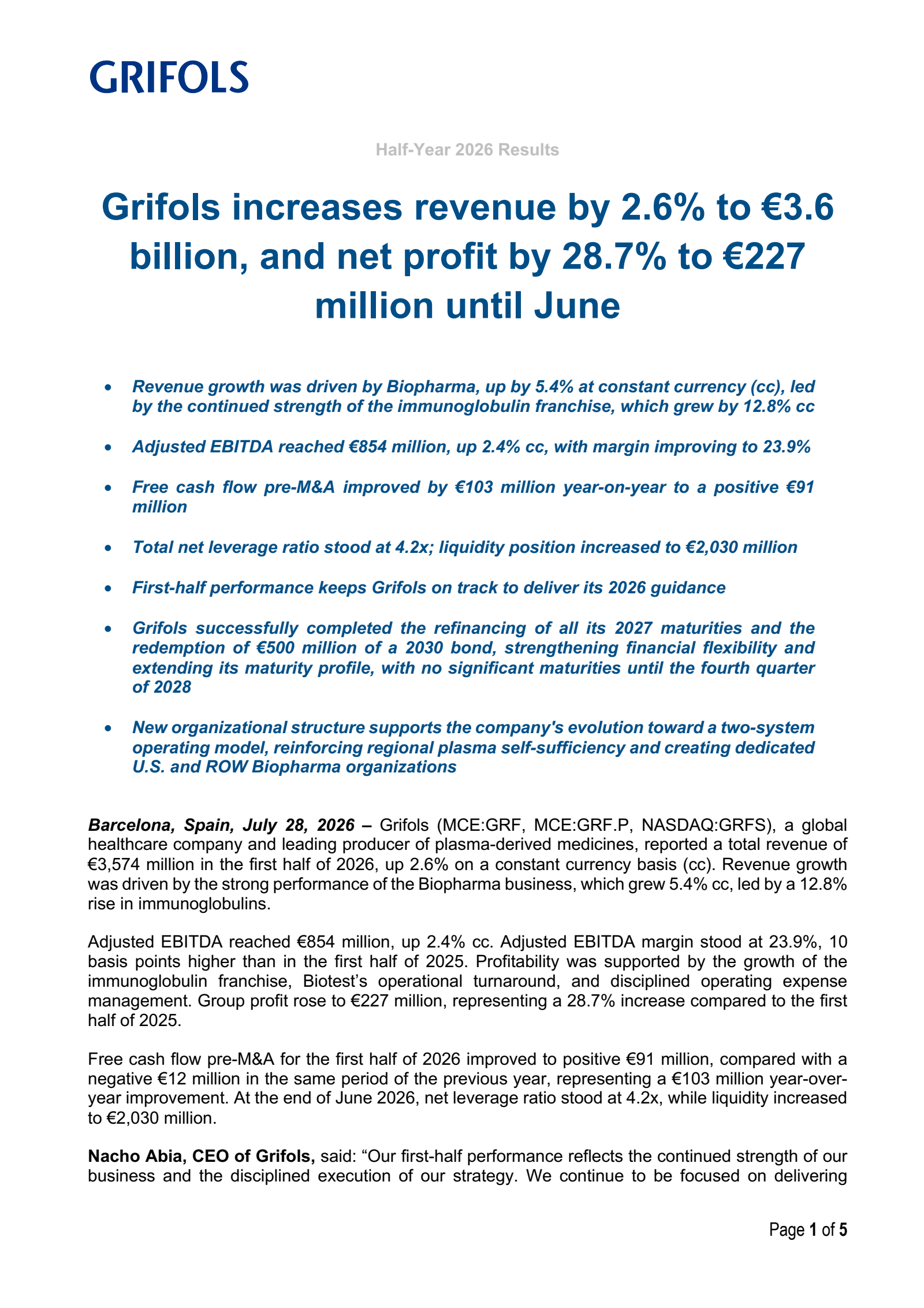 Grifols' Q2 2026 Press Release