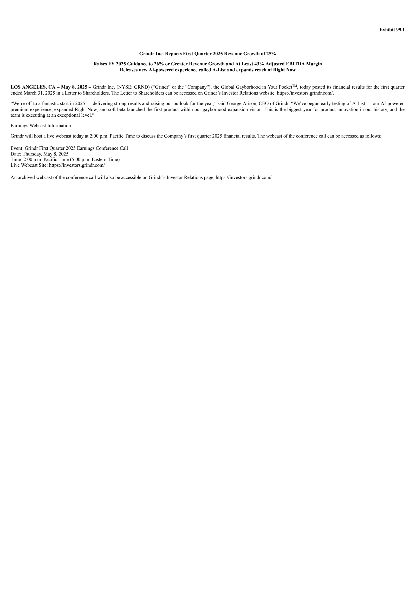 Grindr's Q1 2025 Earnings Release