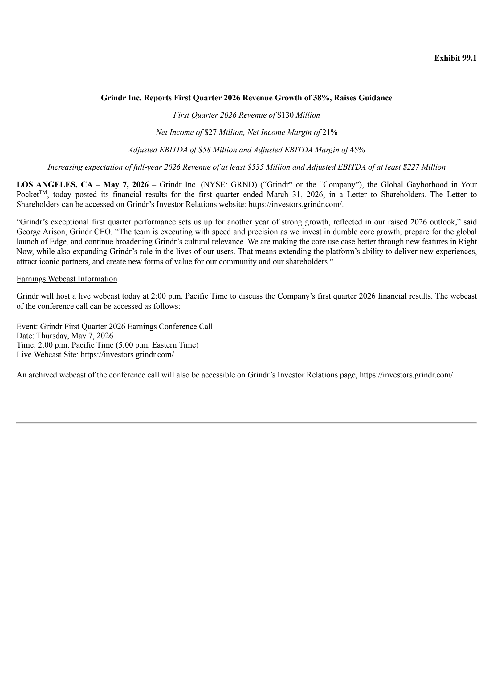 Grindr's Q1 2026 Press Release