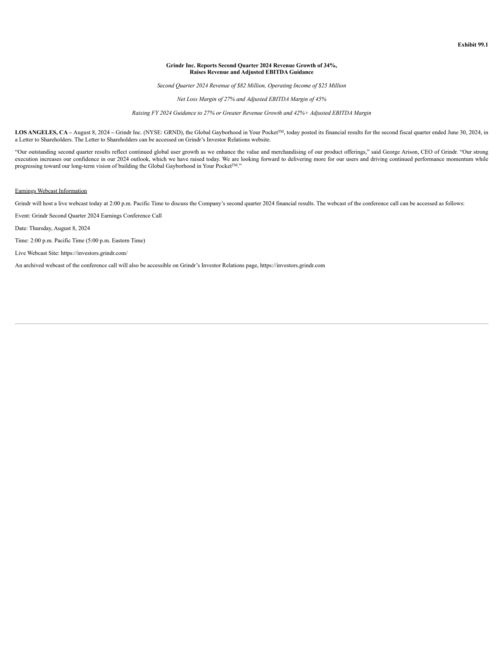 Grindr's Q2 2024 Press Release