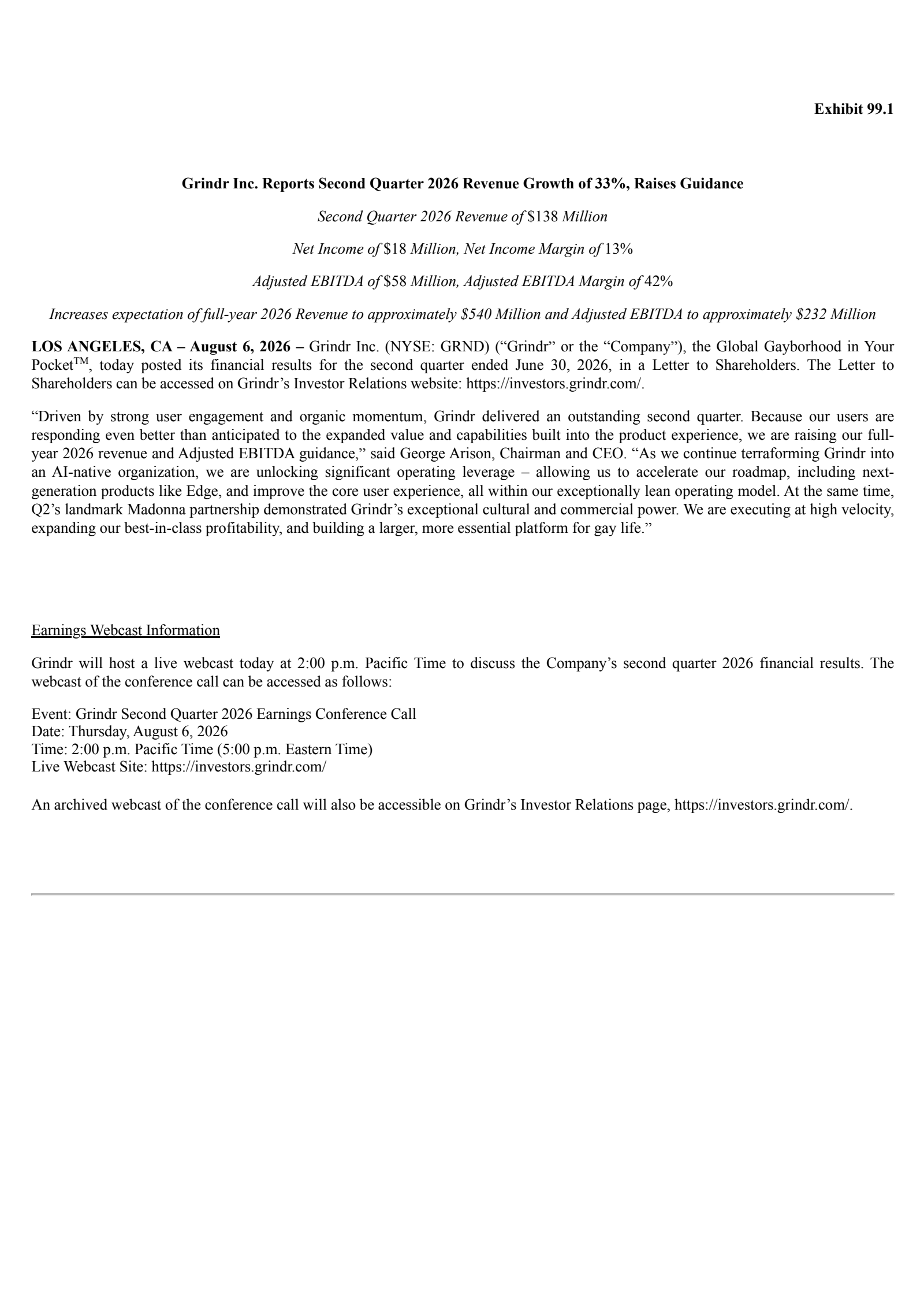 Grindr's Q2 2026 Press Release
