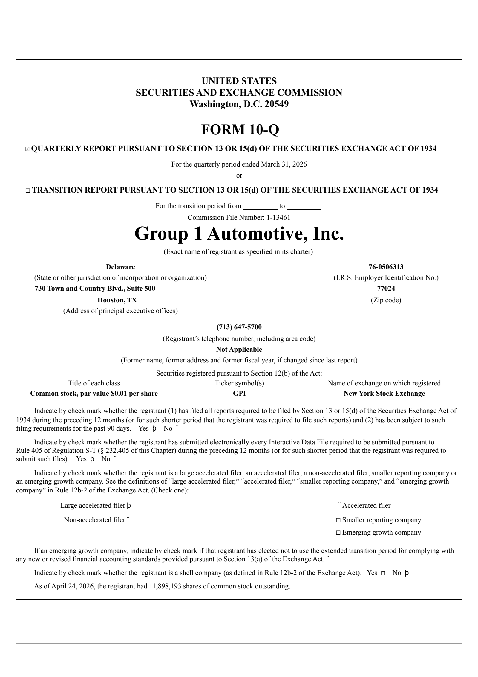 Group 1 Automotive's Q1 2026 Quarterly report