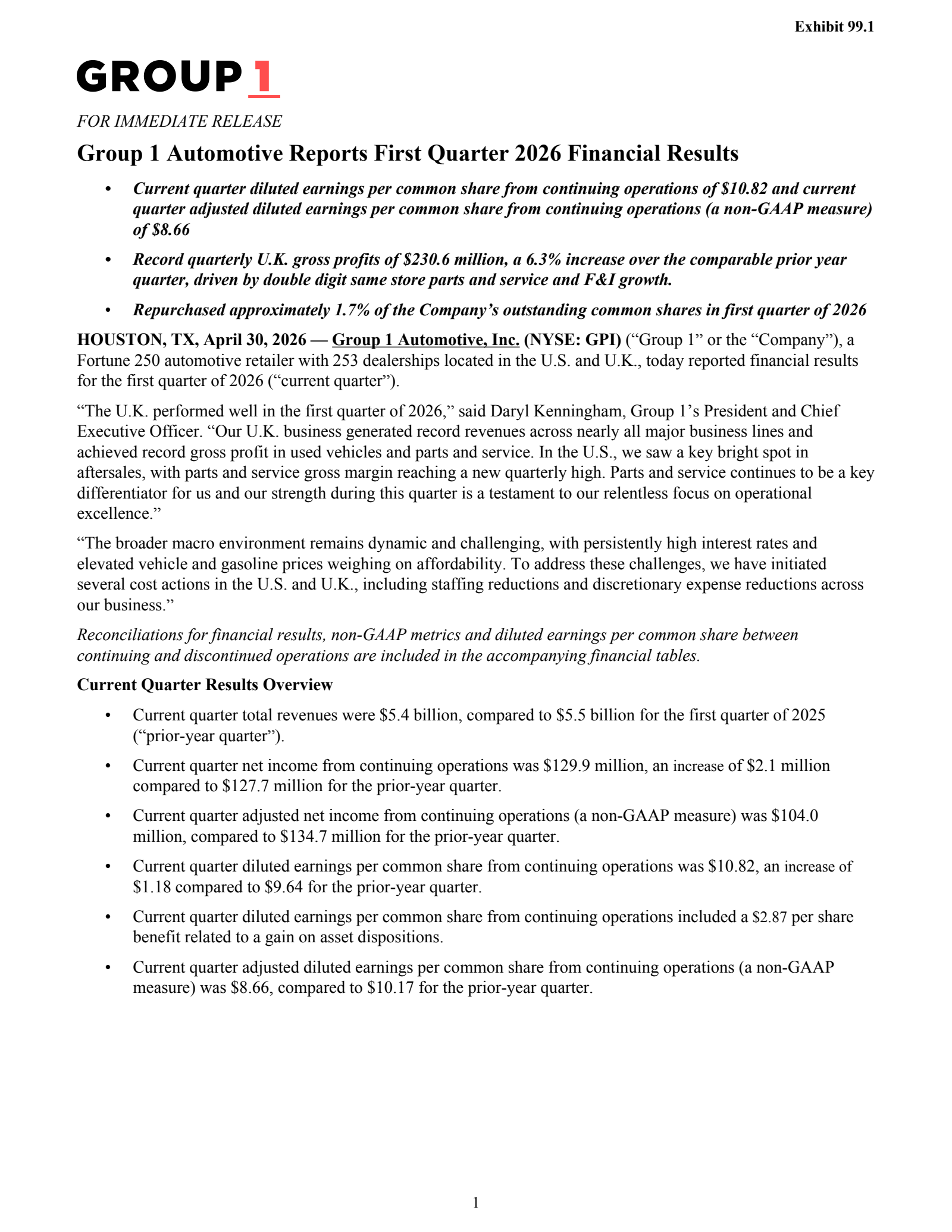 Group 1 Automotive's Q1 2026 Press Release