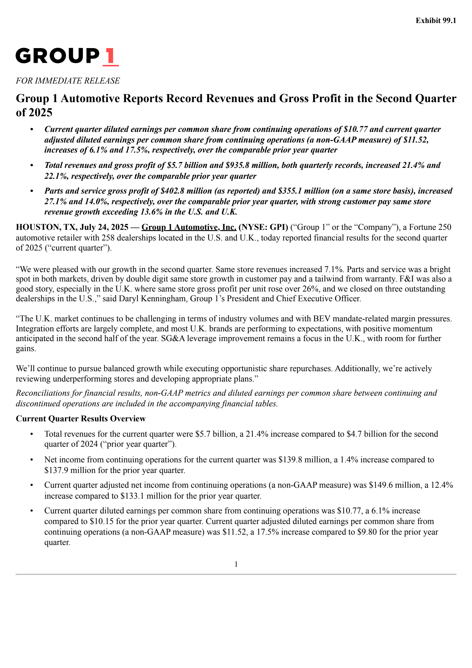 Group 1 Automotive's Q2 2025 Press Release
