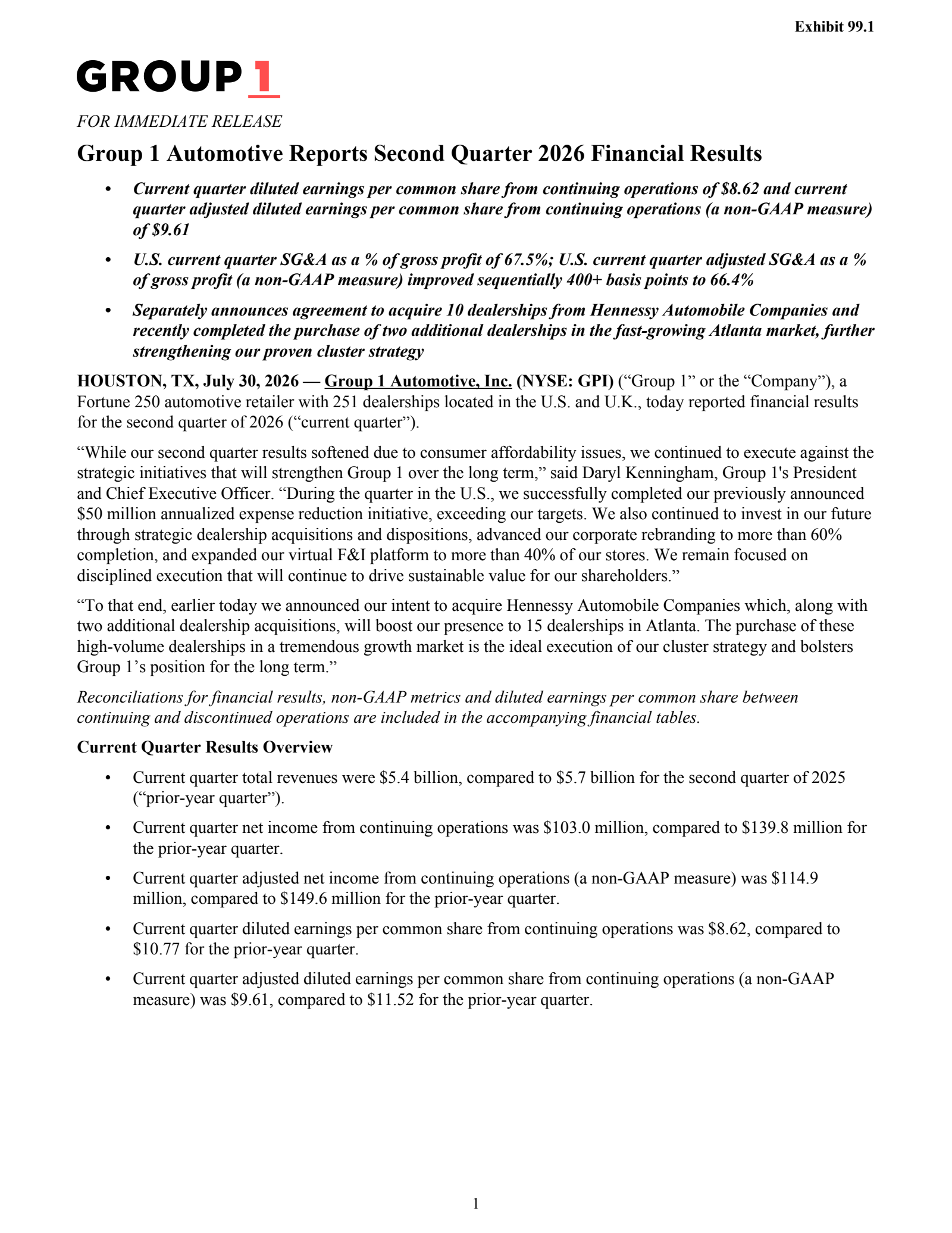 Group 1 Automotive's Q2 2026 Press Release