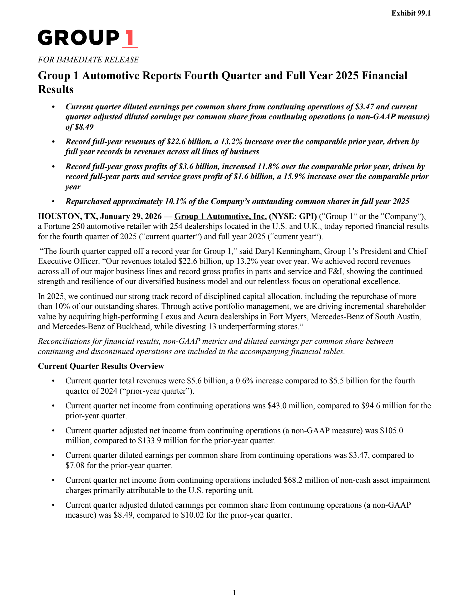 Group 1 Automotive's Q4 2025 Press Release