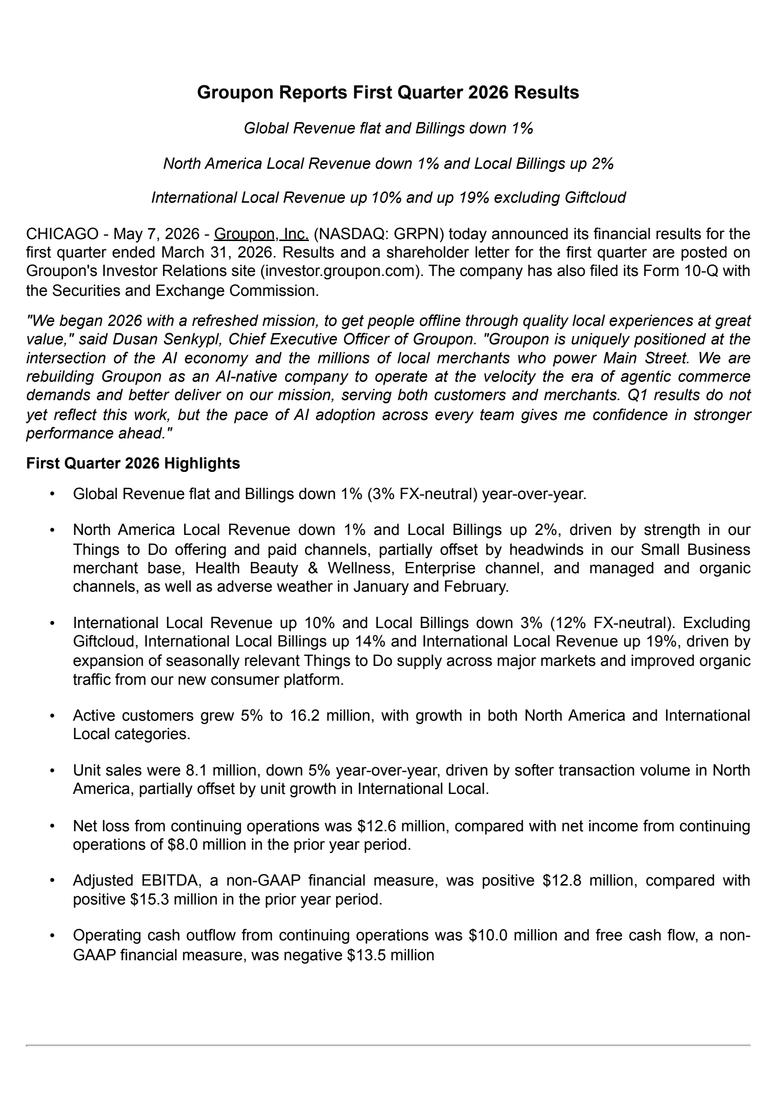 Groupon's Q1 2026 Press Release