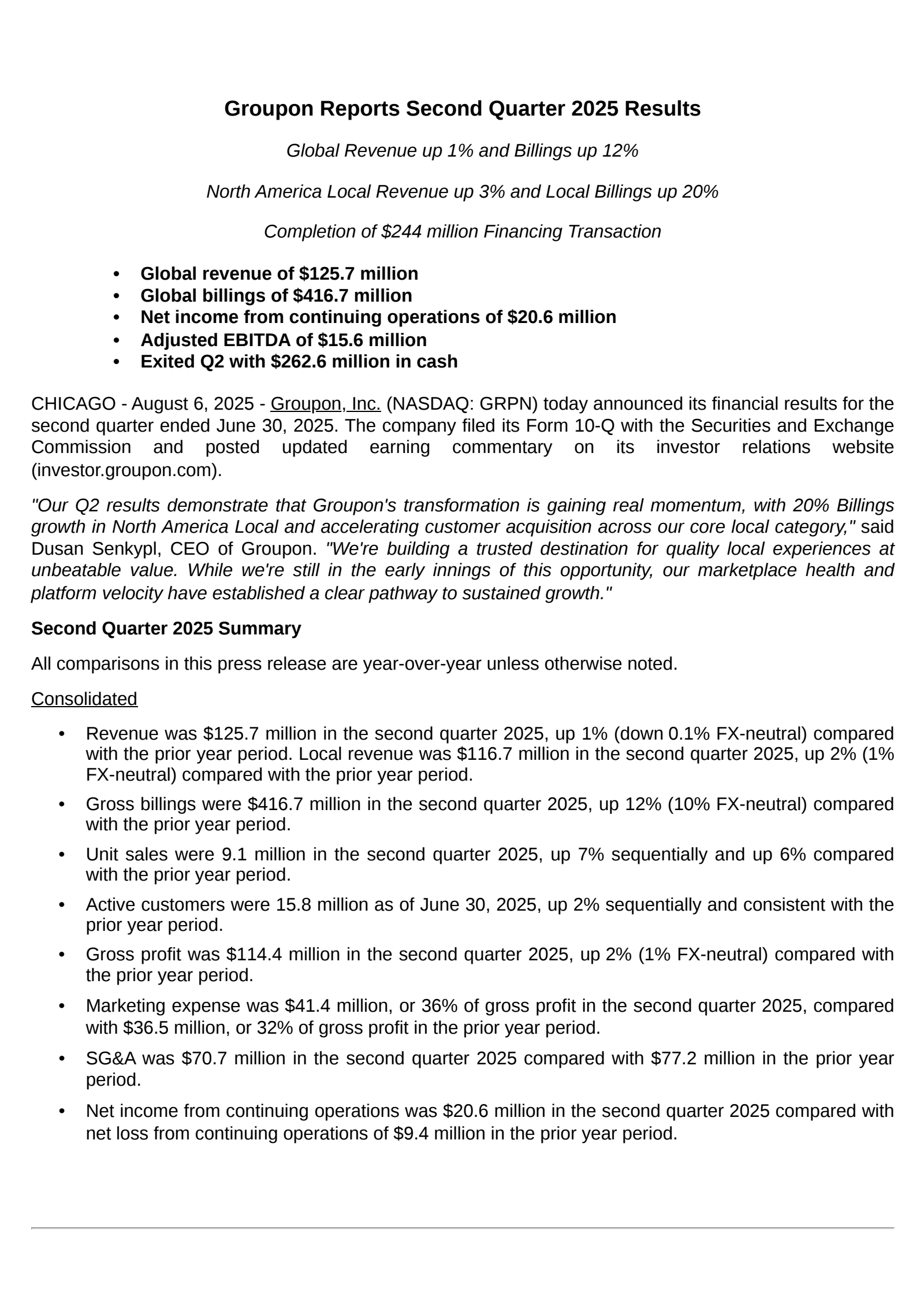 Groupon's Q2 2025 Press Release