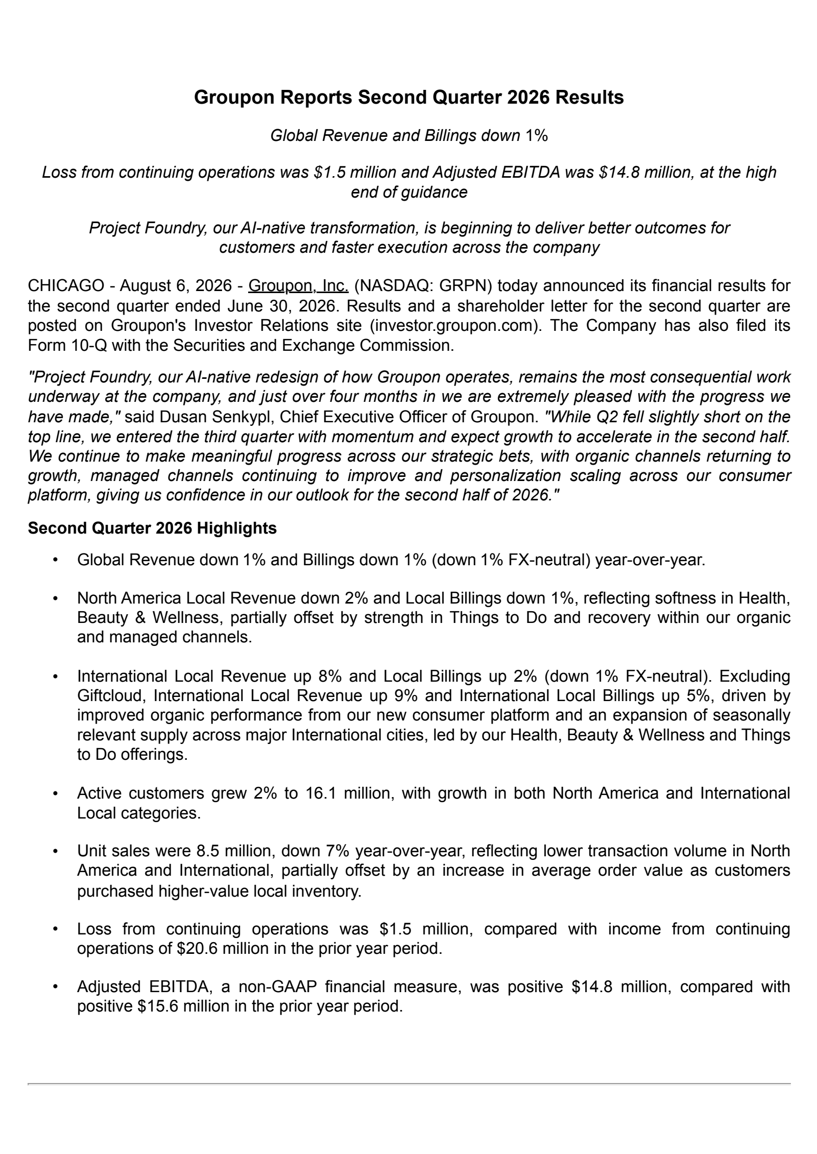Groupon's Q2 2026 Press Release