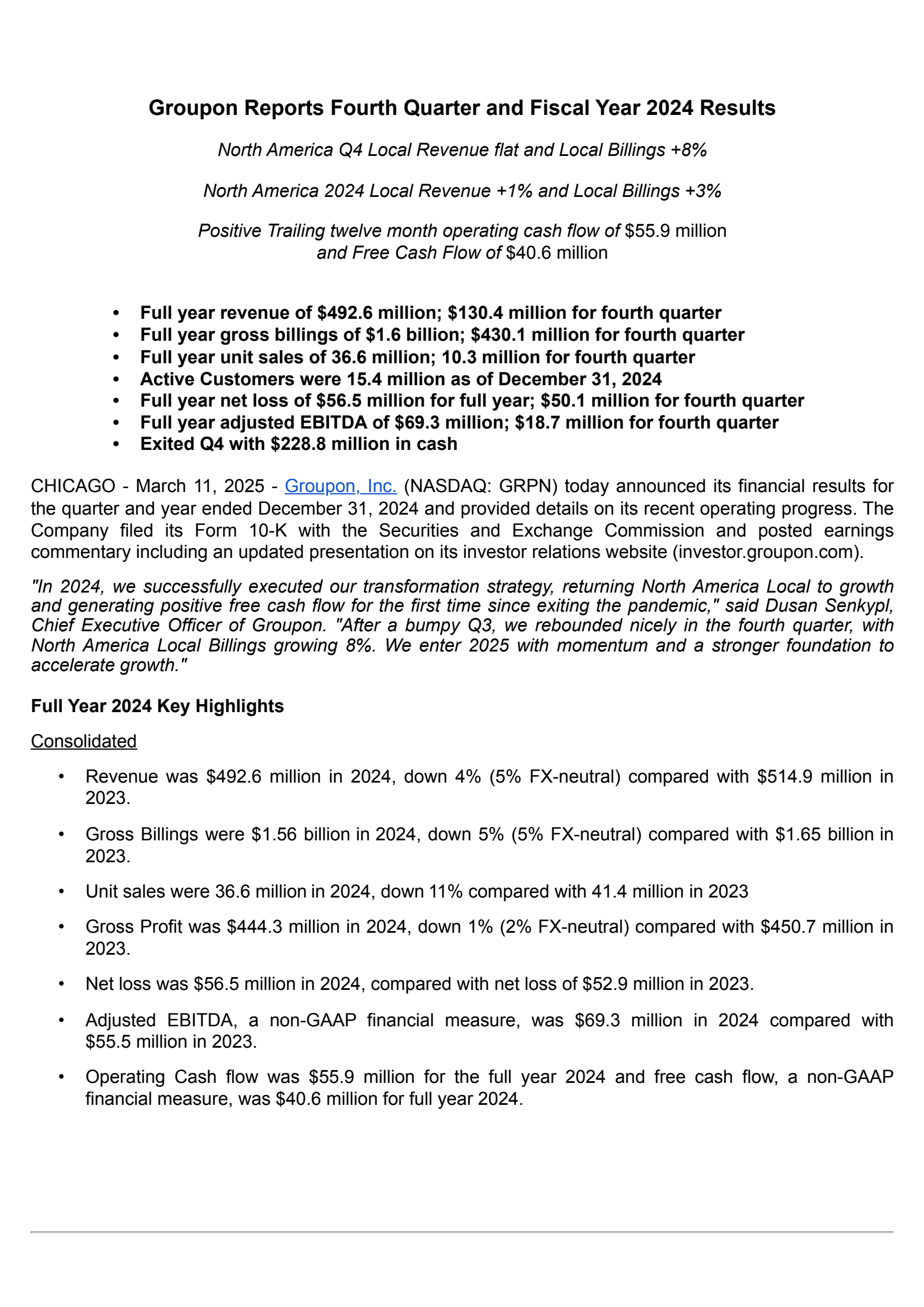 Groupon's Q4 2024 Press Release