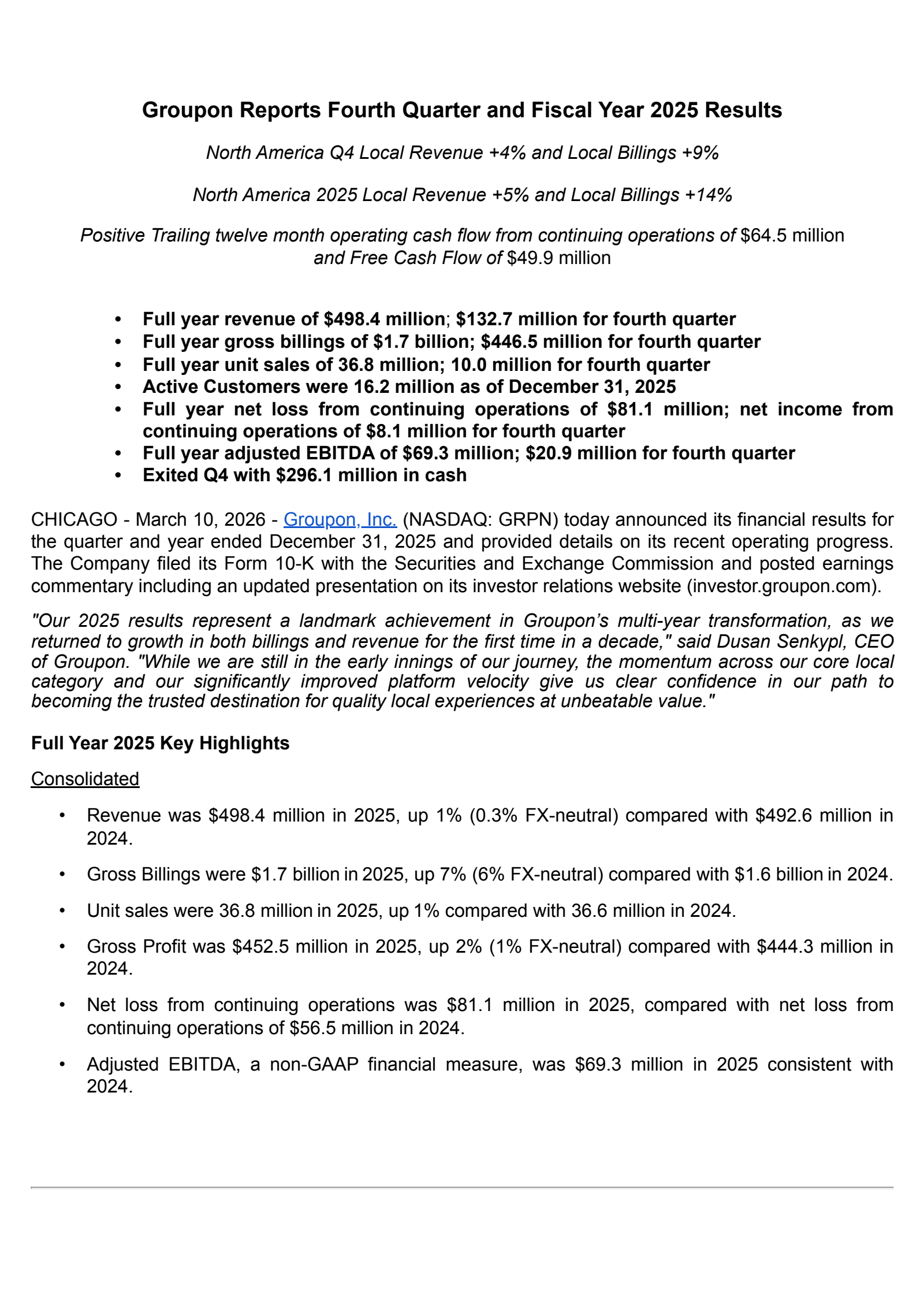 Groupon's Q4 2025 Press Release