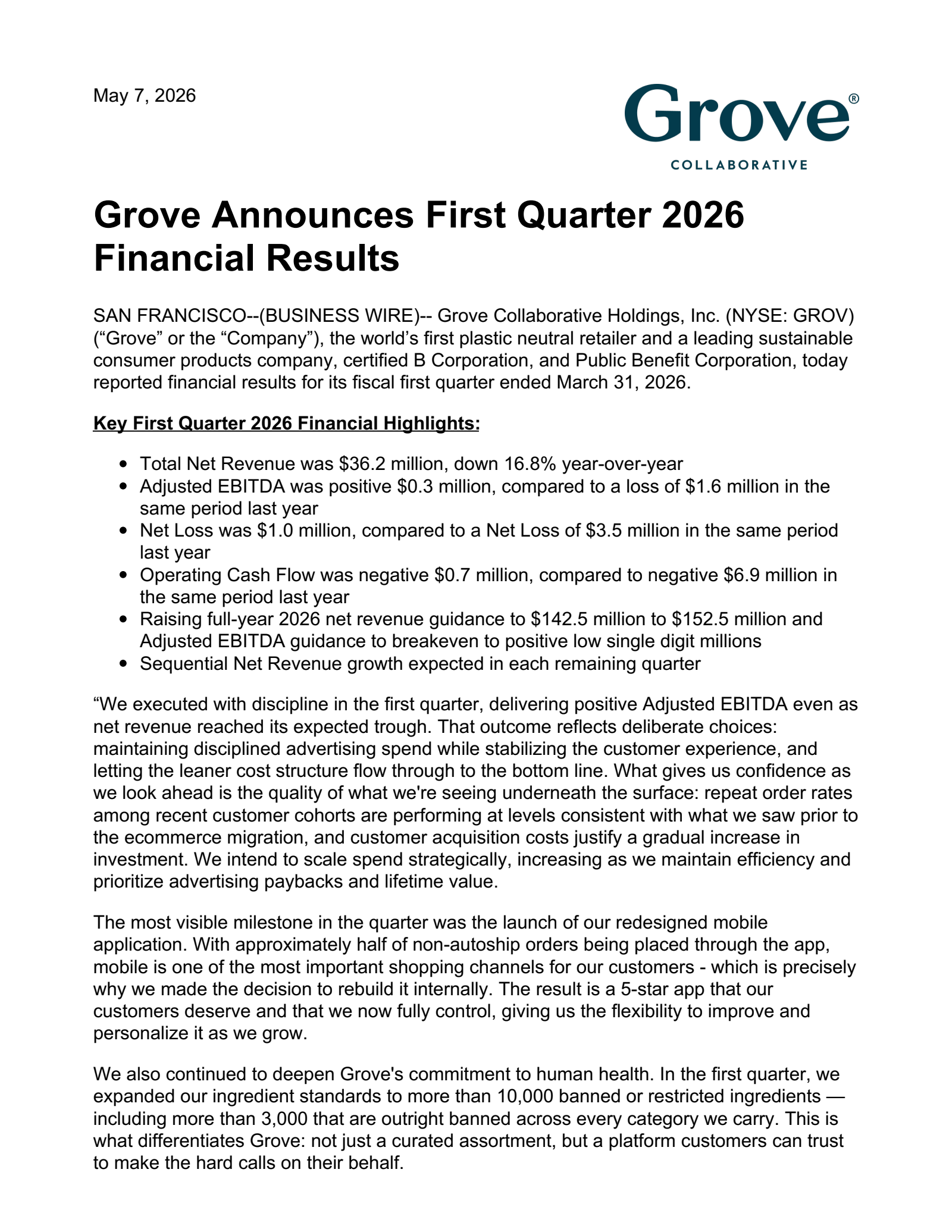 Grove Collaborative's Q1 2026 Press Release