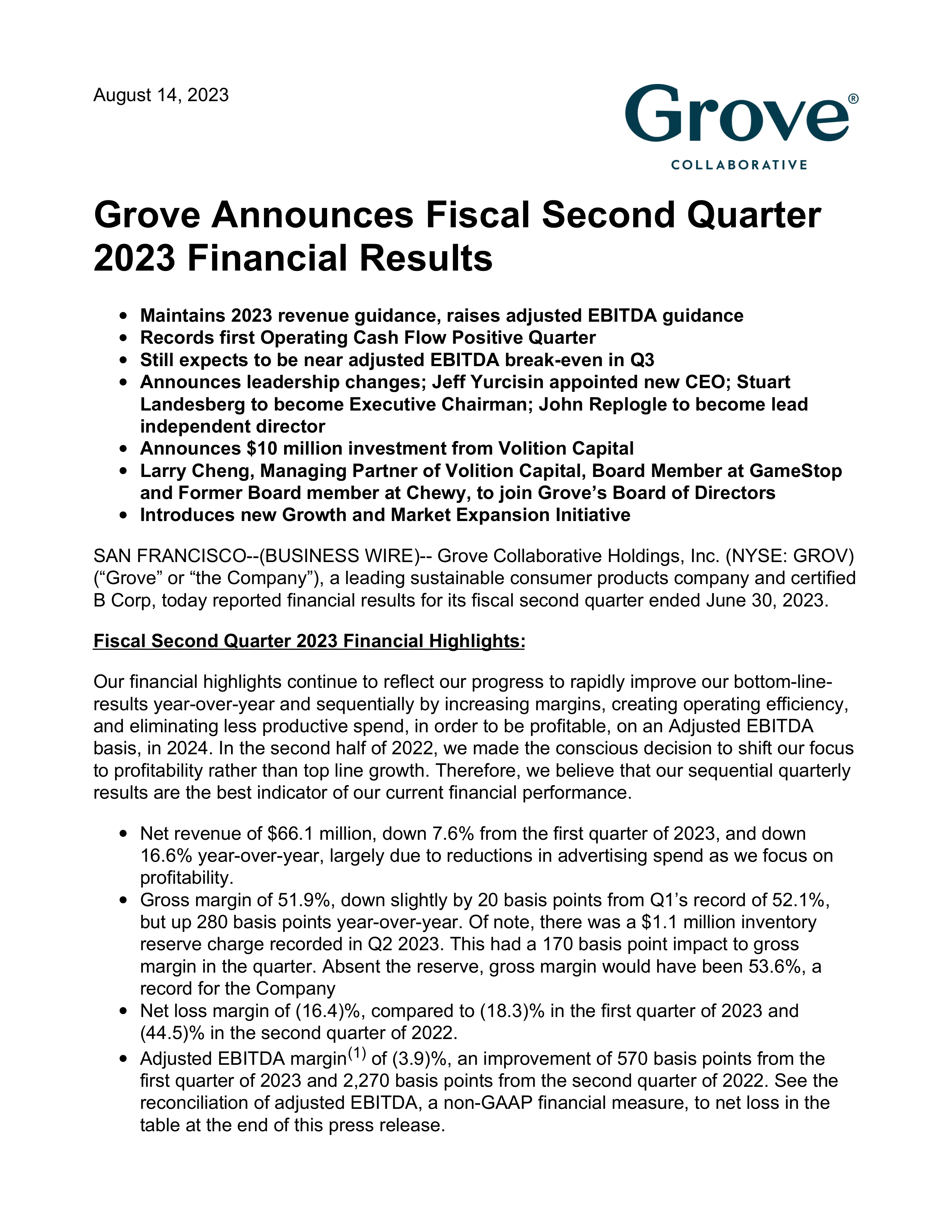 Grove Collaborative's Q2 2023 Press Release