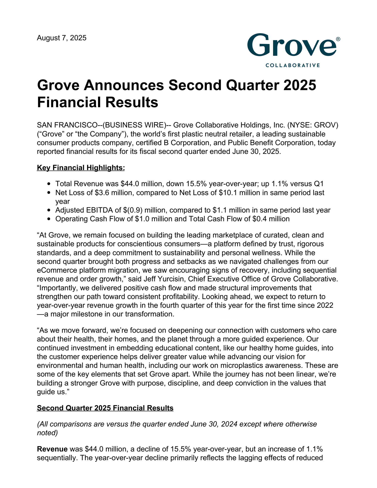 Grove Collaborative's Q2 2025 Press Release