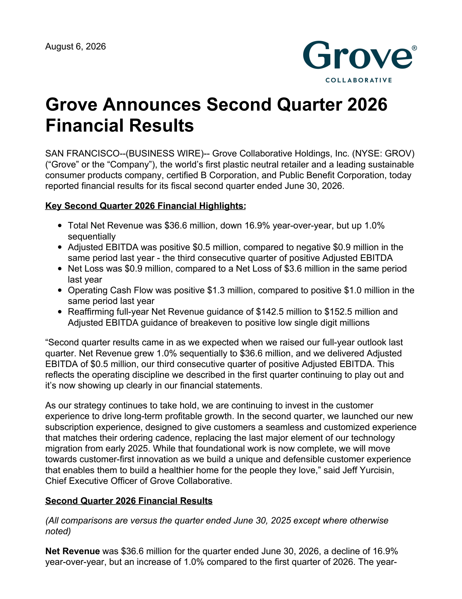 Grove Collaborative's Q2 2026 Press Release