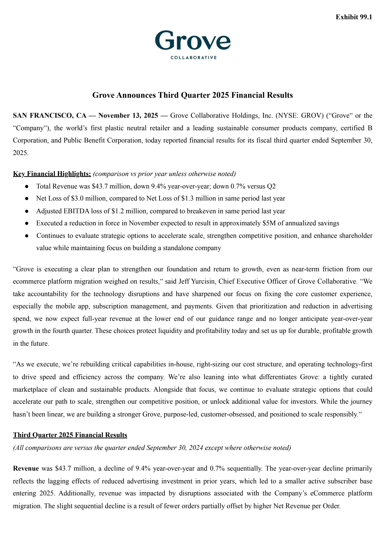Grove Collaborative's Q3 2025 Earnings Release