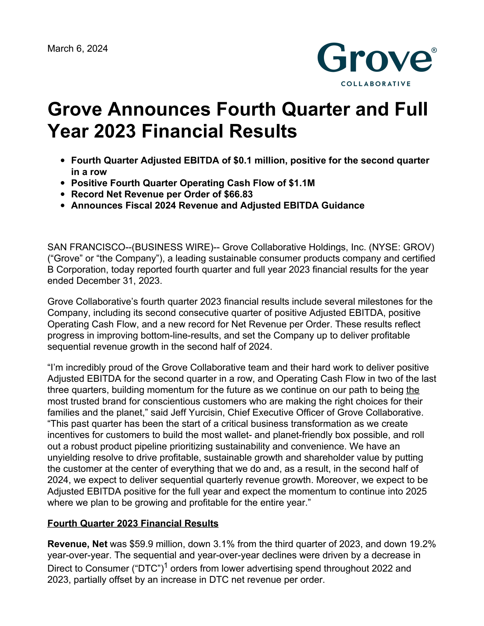 Grove Collaborative's Q4 2023 Press Release