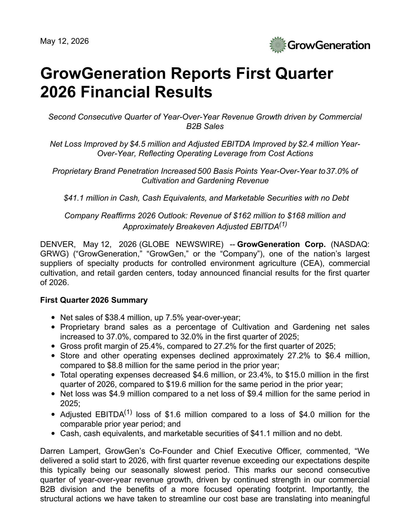 GrowGeneration's Q1 2026 Press Release