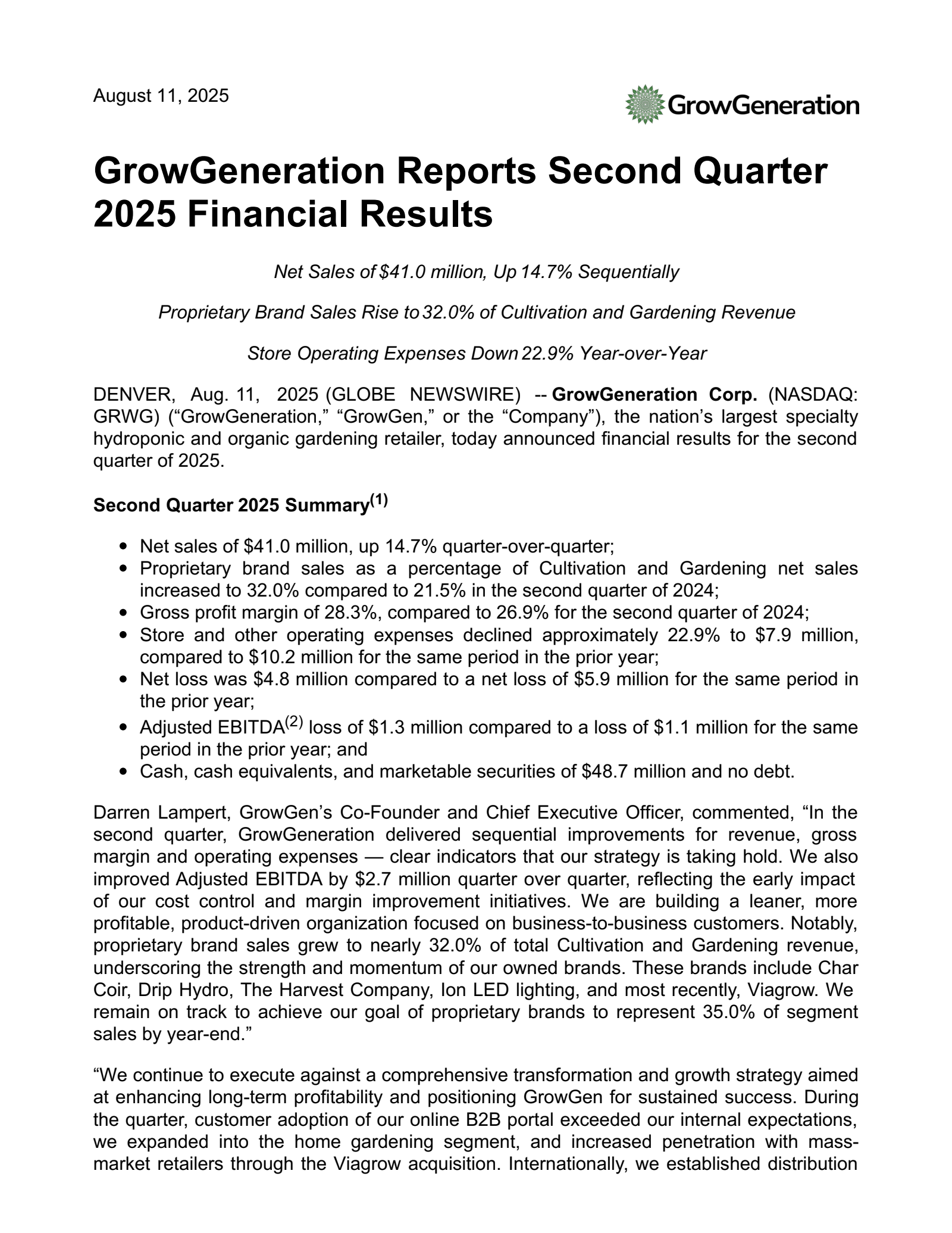 GrowGeneration's Q2 2025 Press Release