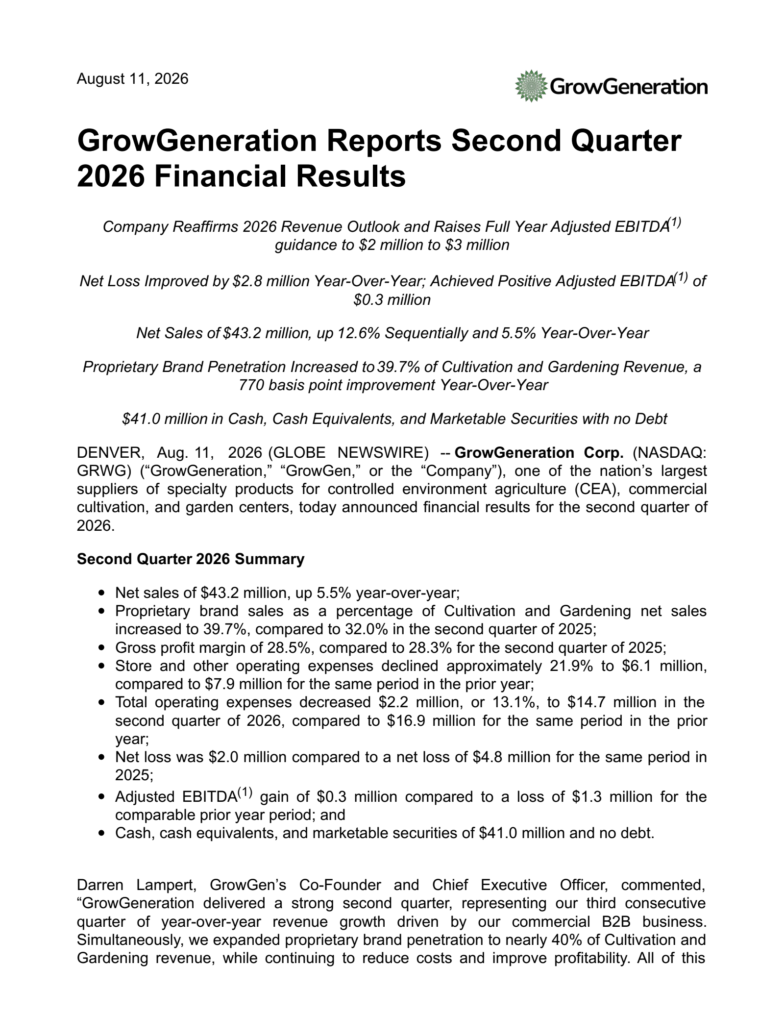 GrowGeneration's Q2 2026 Press Release