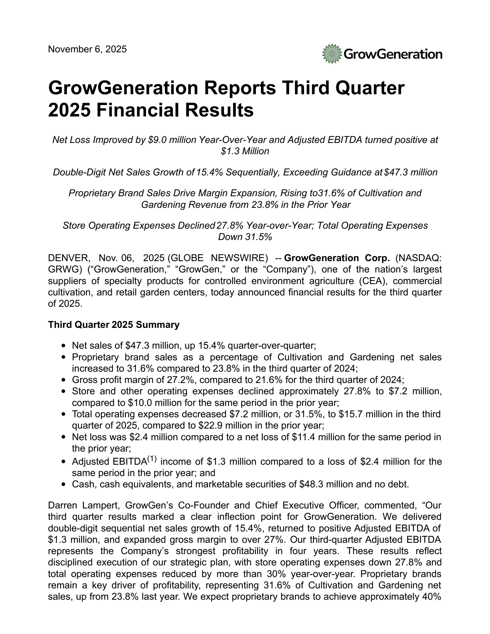 GrowGeneration's Q3 2025 Earnings Release