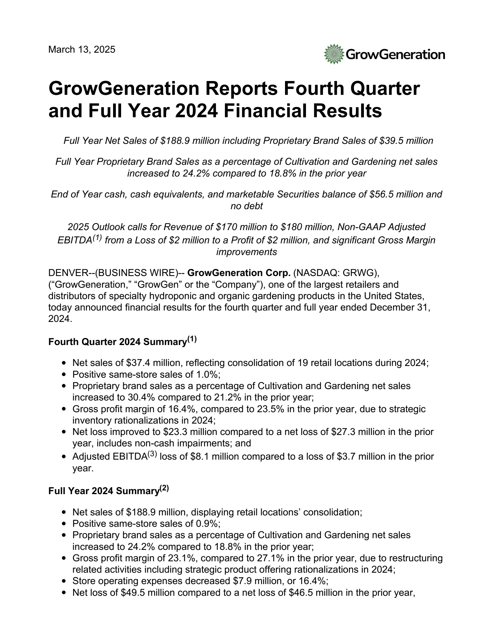 GrowGeneration's Q4 2024 Press Release