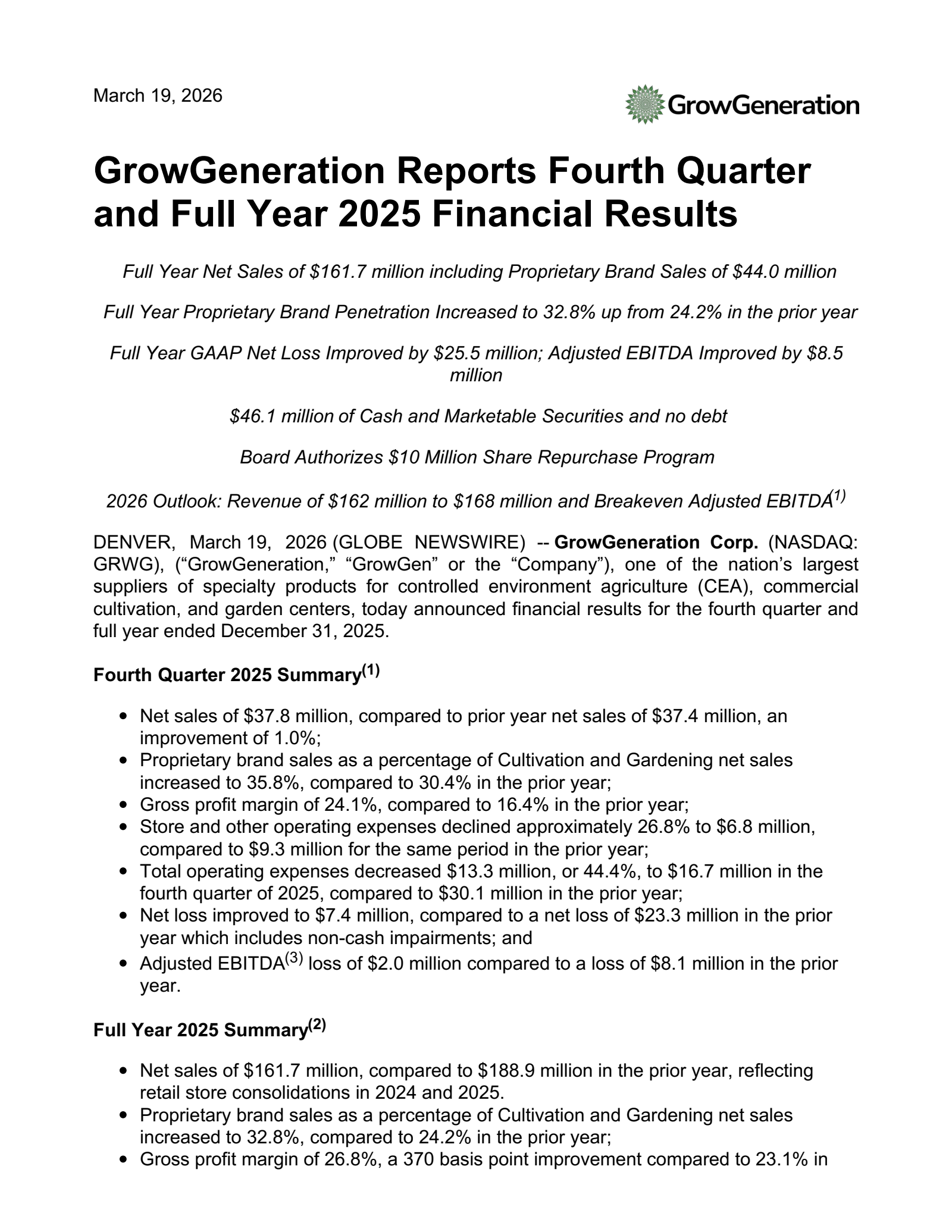 GrowGeneration's Q4 2025 Press Release