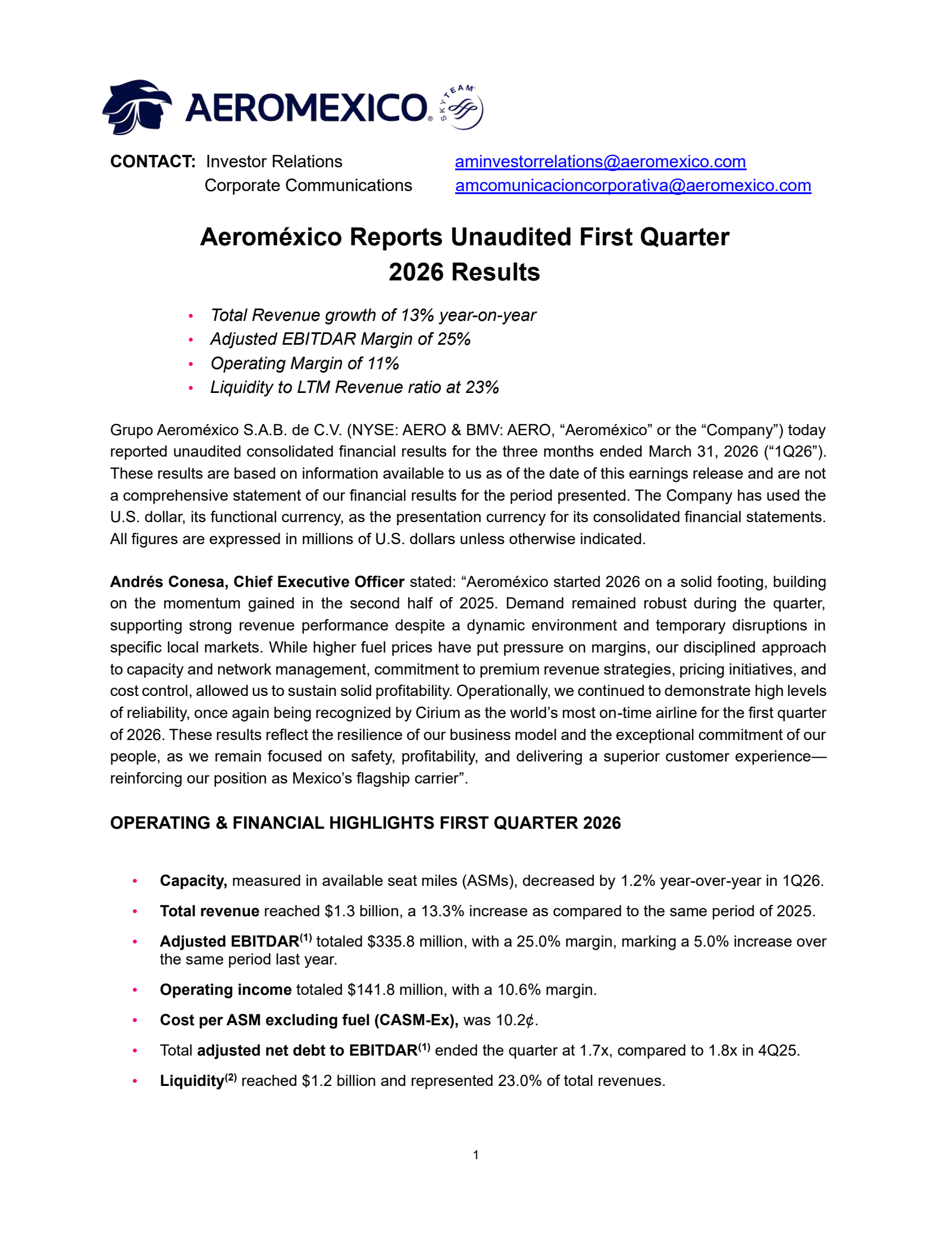 Grupo Aeromexico's Q1 2026 Press Release