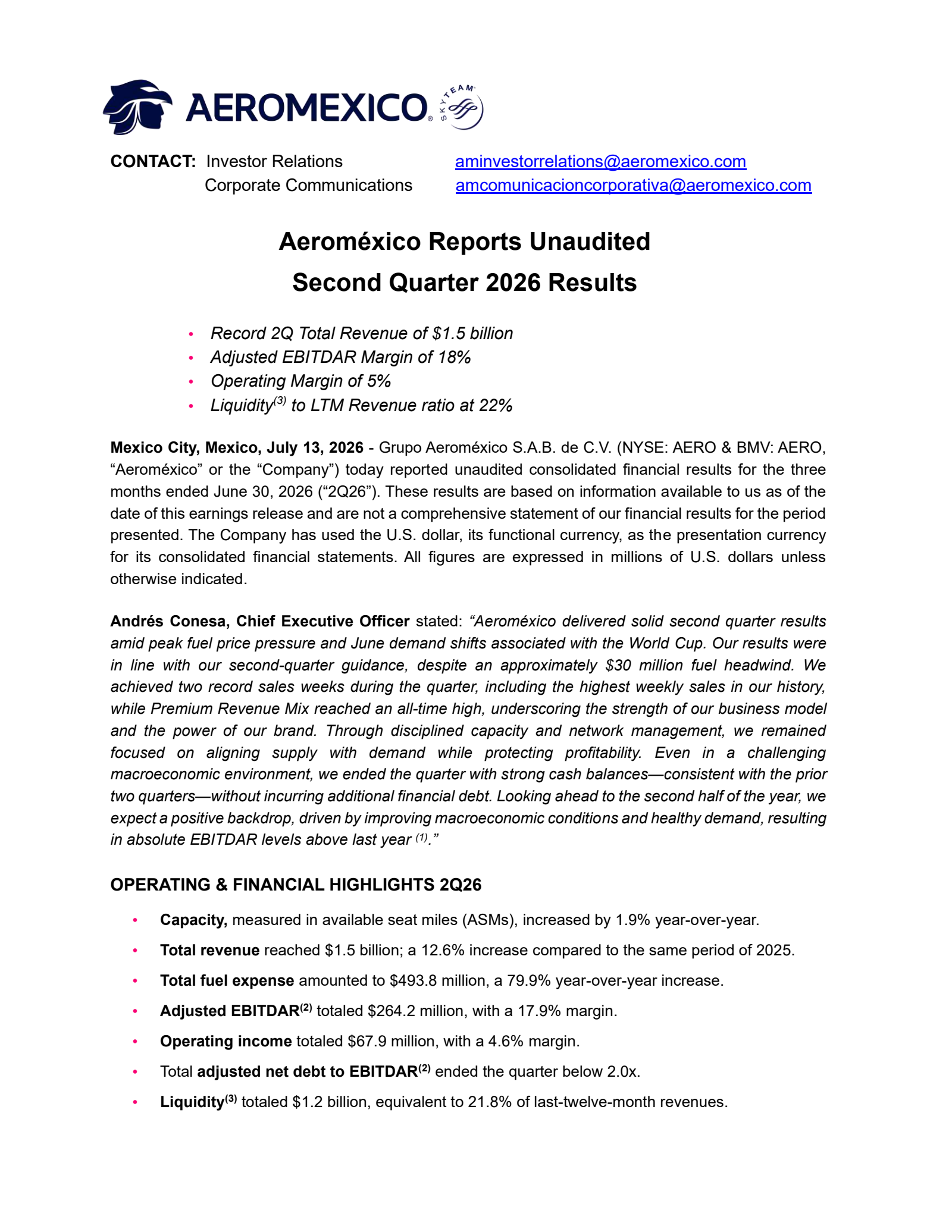 Grupo Aeromexico's Q2 2026 Press Release