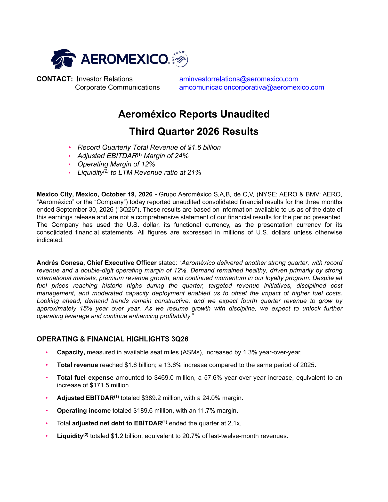 Grupo Aeromexico's Q3 2026 Press Release