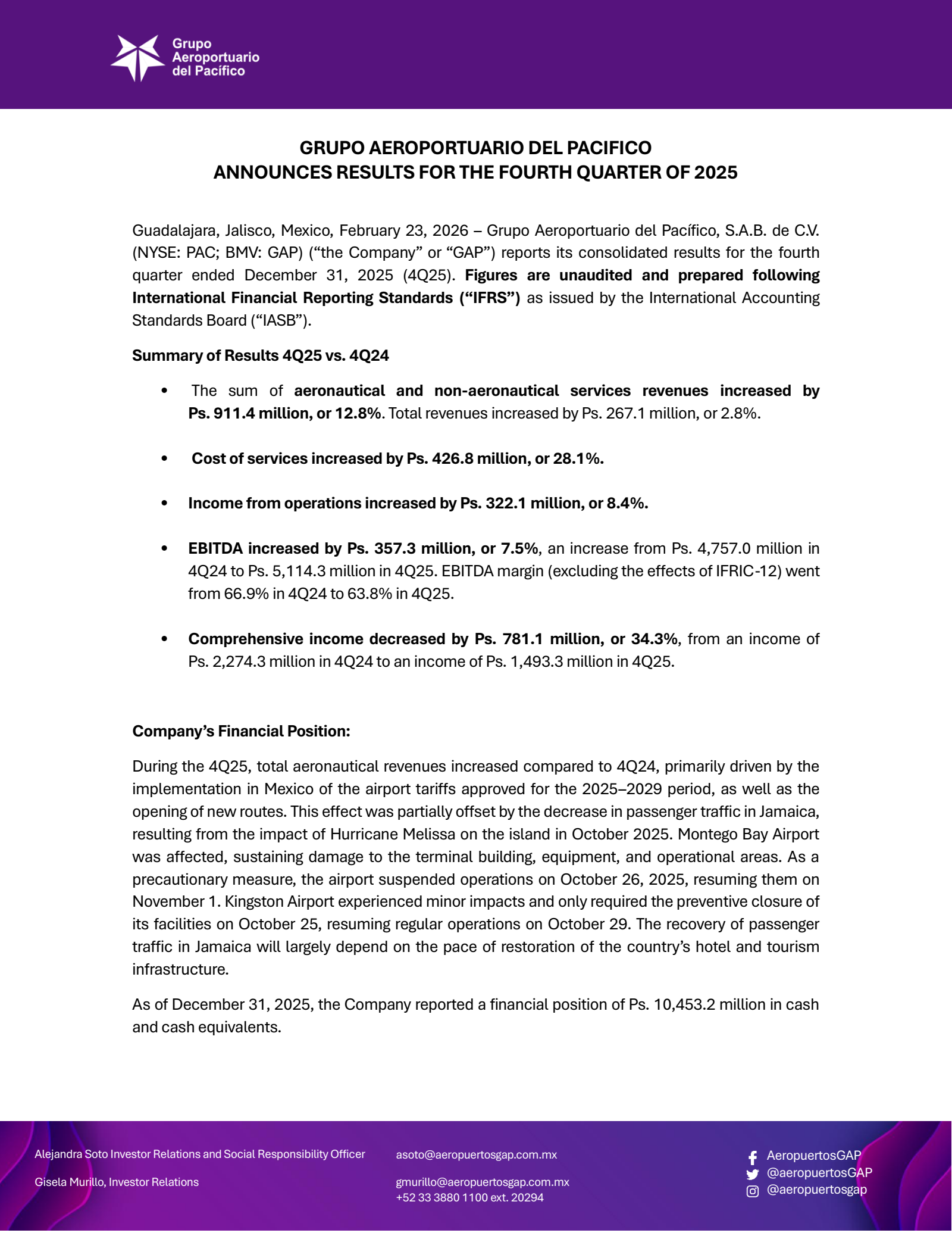 Grupo Aeroportuario Del Pacifico's Q4 2025 Press Release
